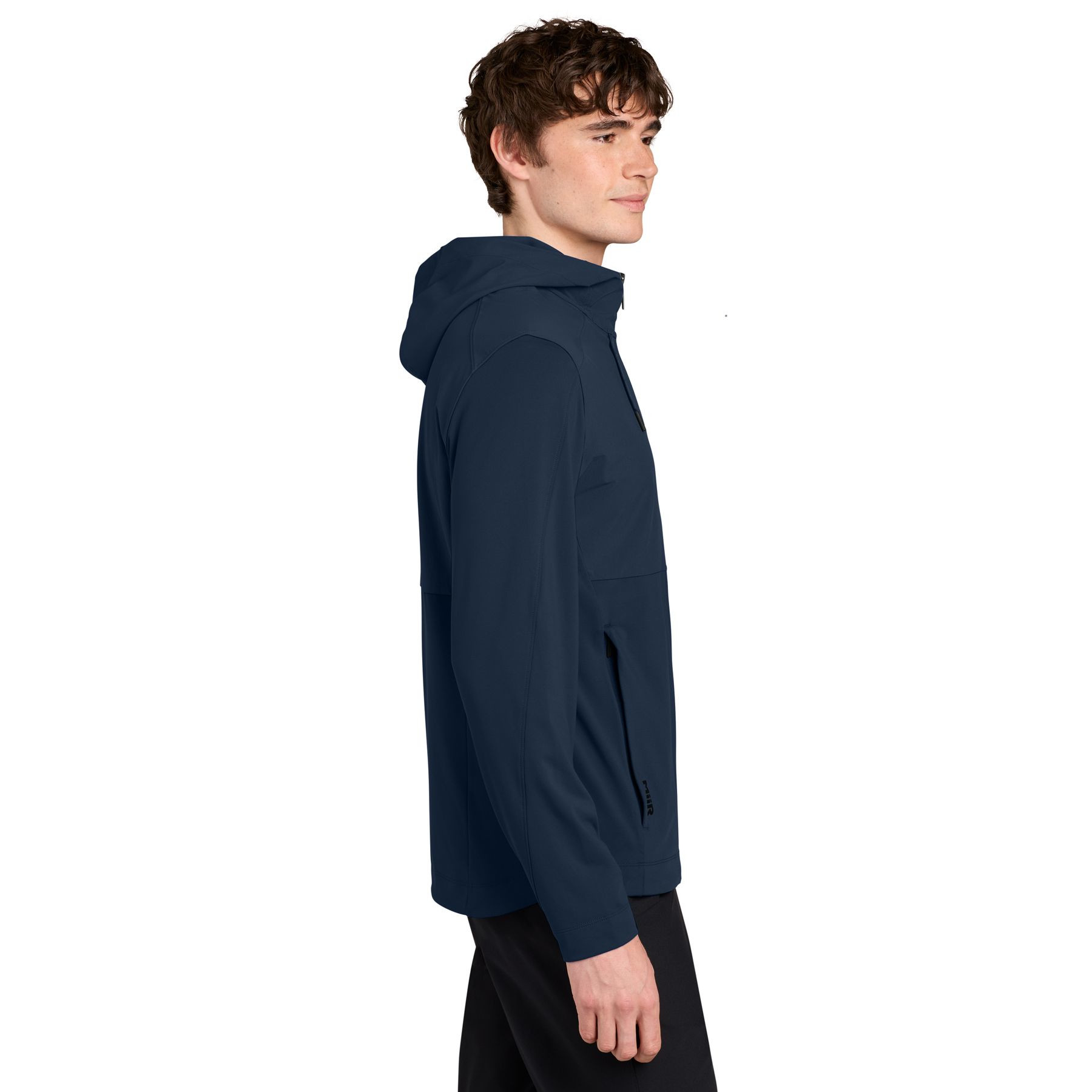 Indigo Navy MiiR® Kivu Hybrid Full-Zip Hooded Jacket with a recycled nylon and spandex stretch knit body, woven overlay panels, attached hood with drawcords, full-zip front, and zippered hand pockets for lightweight layering, travel, and everyday outdoor wear.