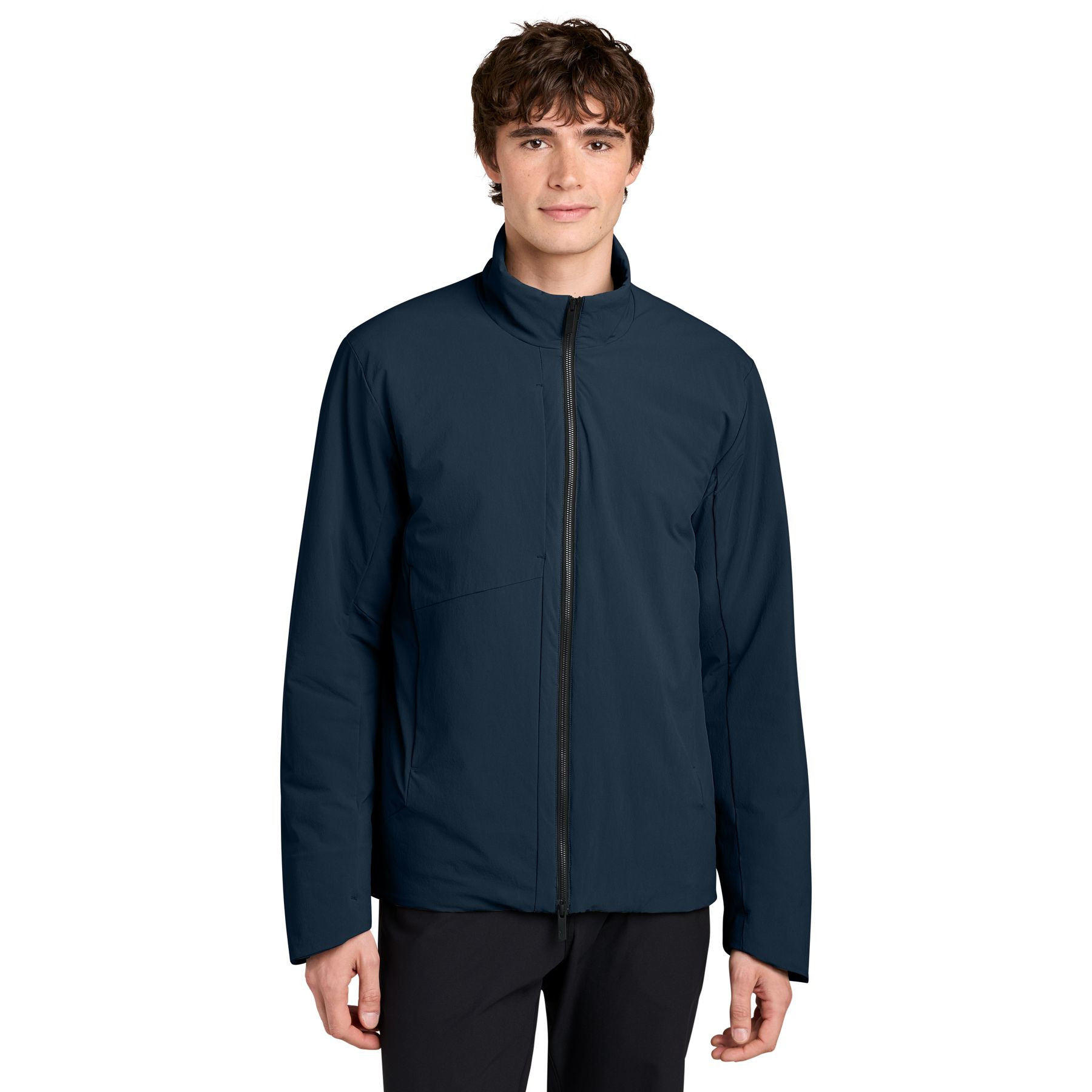Indigo Navy MiiR® Sashiko Full-Zip Stretch Puffy Jacket with a recycled nylon and spandex quilted shell, full-zip front, stand-up collar, zippered hand pockets, and lightweight insulated construction for everyday layering and outdoor wear.