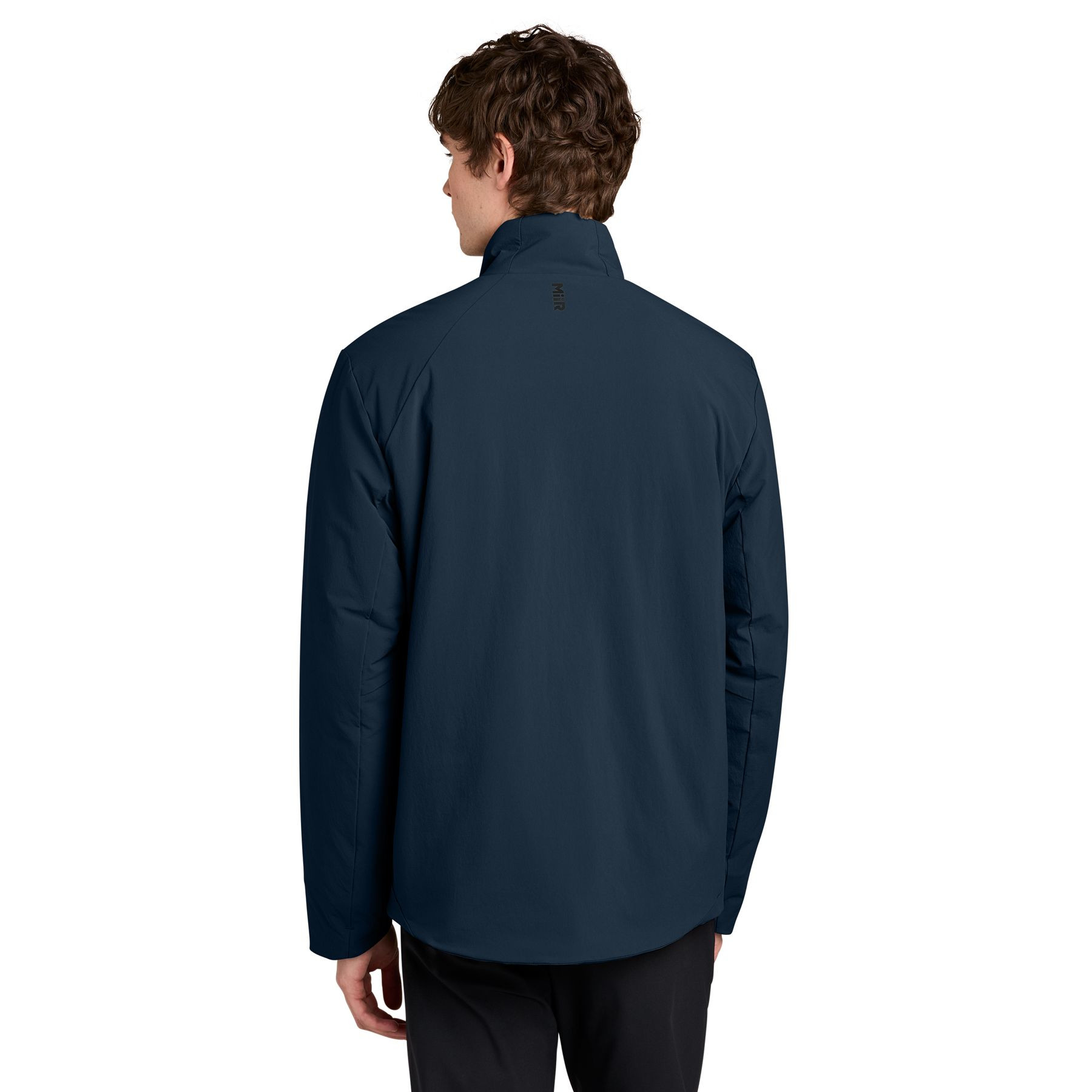 Indigo Navy MiiR® Sashiko Full-Zip Stretch Puffy Jacket with a recycled nylon and spandex quilted shell, full-zip front, stand-up collar, zippered hand pockets, and lightweight insulated construction for everyday layering and outdoor wear.