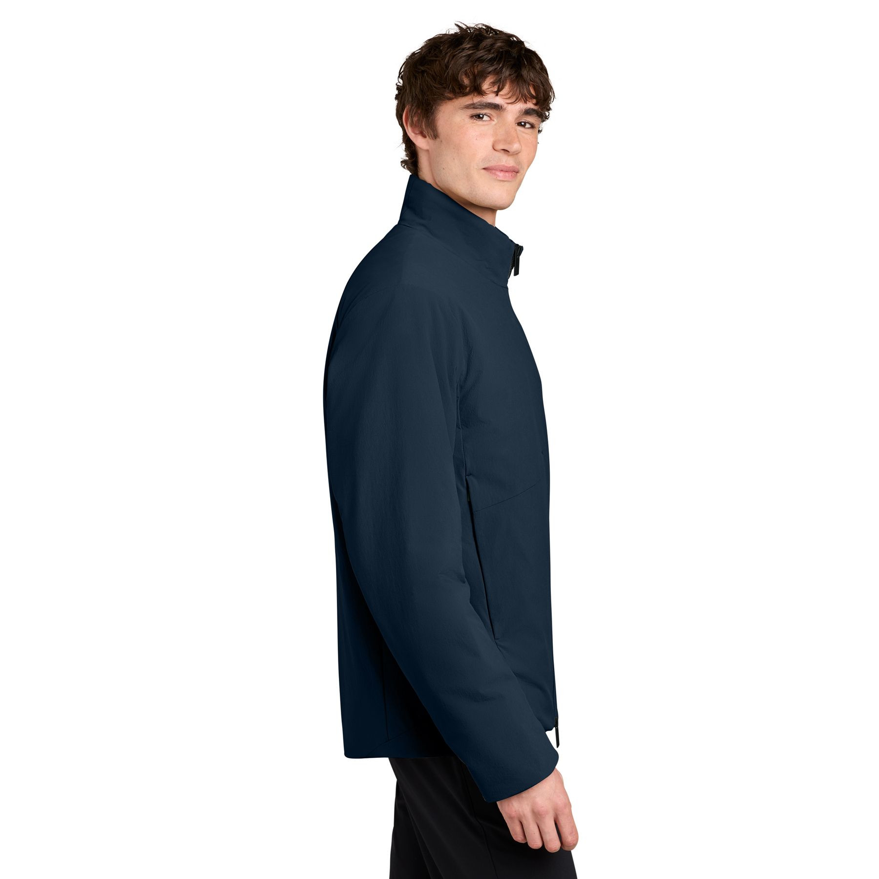 Indigo Navy MiiR® Sashiko Full-Zip Stretch Puffy Jacket with a recycled nylon and spandex quilted shell, full-zip front, stand-up collar, zippered hand pockets, and lightweight insulated construction for everyday layering and outdoor wear.