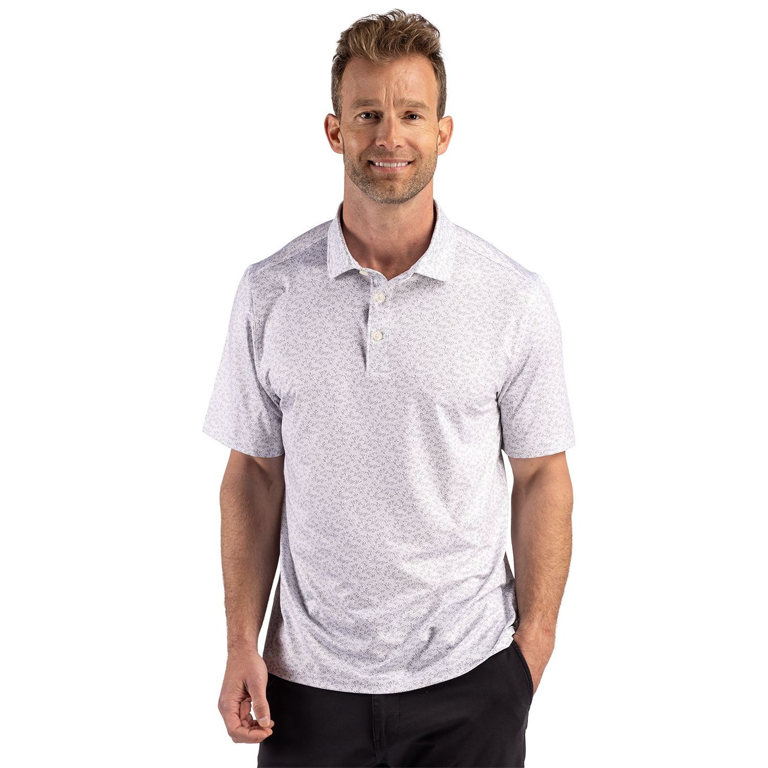 Polished men's recycled fern print polo made from recycled polyester and spandex jersey with a self collar, short sleeves, moisture-wicking performance, UPF 50+ protection, and a tailored fit.