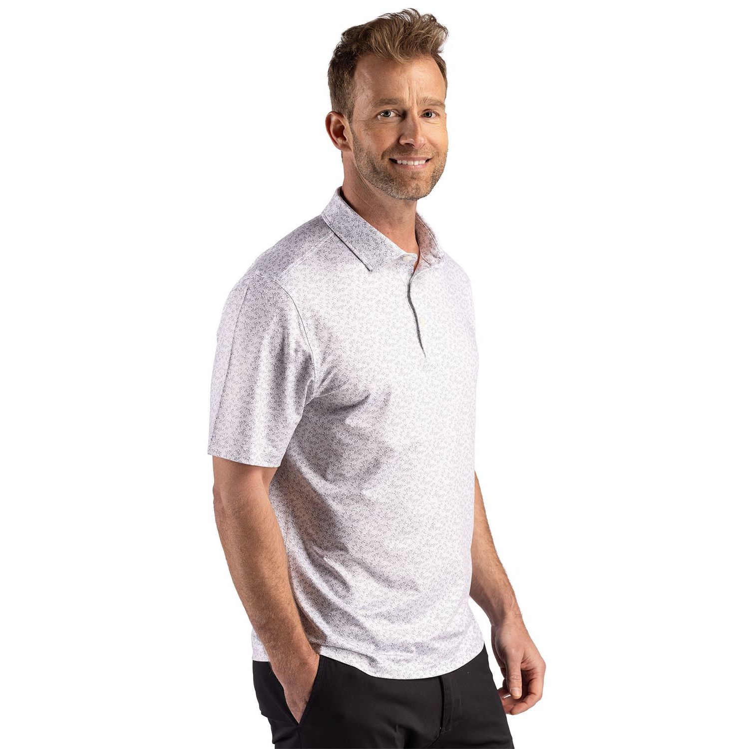 Polished men's recycled fern print polo made from recycled polyester and spandex jersey with a self collar, short sleeves, moisture-wicking performance, UPF 50+ protection, and a tailored fit.