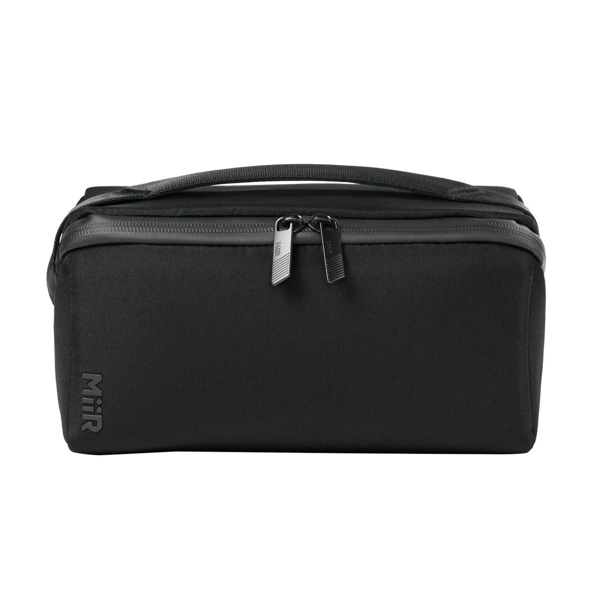 Pitch Black MiiR® Causeway Travel Organizer with a recycled polyester exterior, full-zip clamshell opening, multiple zippered and stretch organizer pockets, padded carry handle, and a compact design for organizing travel essentials, toiletries, and accessories.