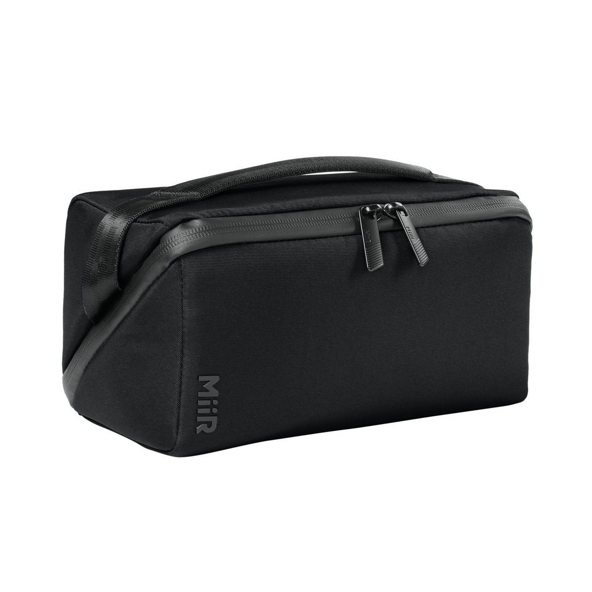 Pitch Black MiiR® Causeway Travel Organizer with a recycled polyester exterior, full-zip clamshell opening, multiple zippered and stretch organizer pockets, padded carry handle, and a compact design for organizing travel essentials, toiletries, and accessories.