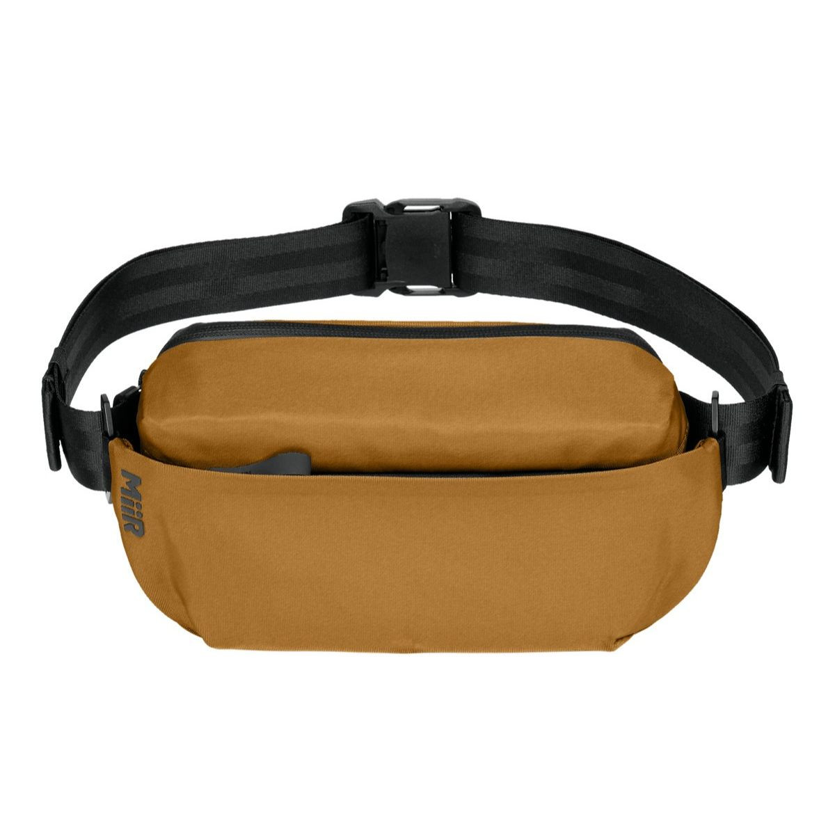 Amber Haze MiiR® Causeway Crossbody Bag with a recycled polyester exterior, adjustable shoulder strap, zippered main compartment, front zip pocket, hidden back pocket, and compact design for carrying everyday essentials while traveling or commuting.
