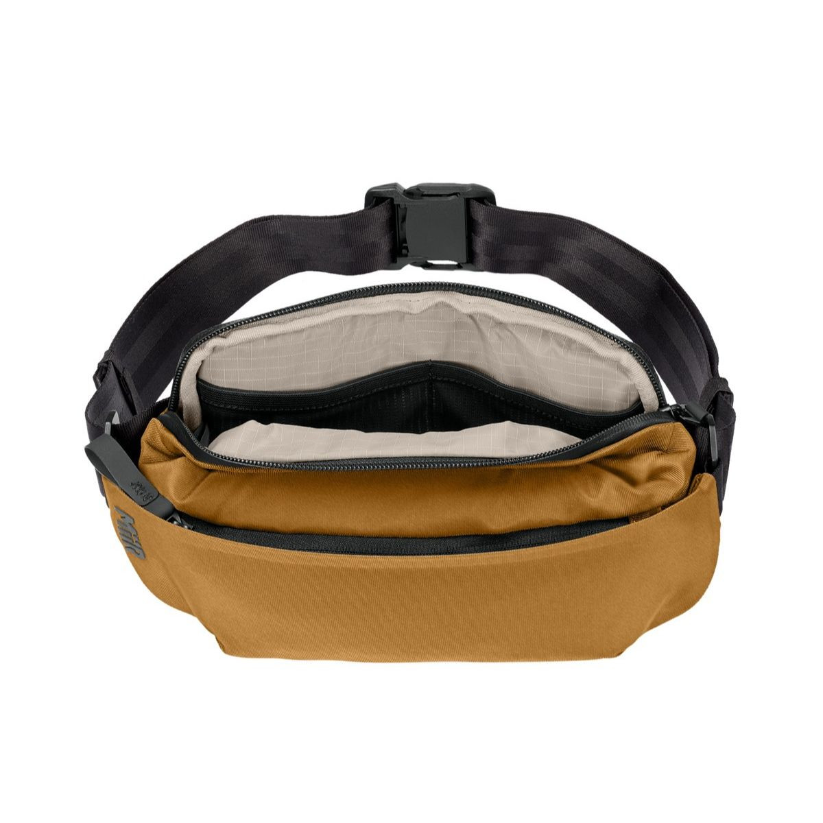Amber Haze MiiR® Causeway Crossbody Bag with a recycled polyester exterior, adjustable shoulder strap, zippered main compartment, front zip pocket, hidden back pocket, and compact design for carrying everyday essentials while traveling or commuting.