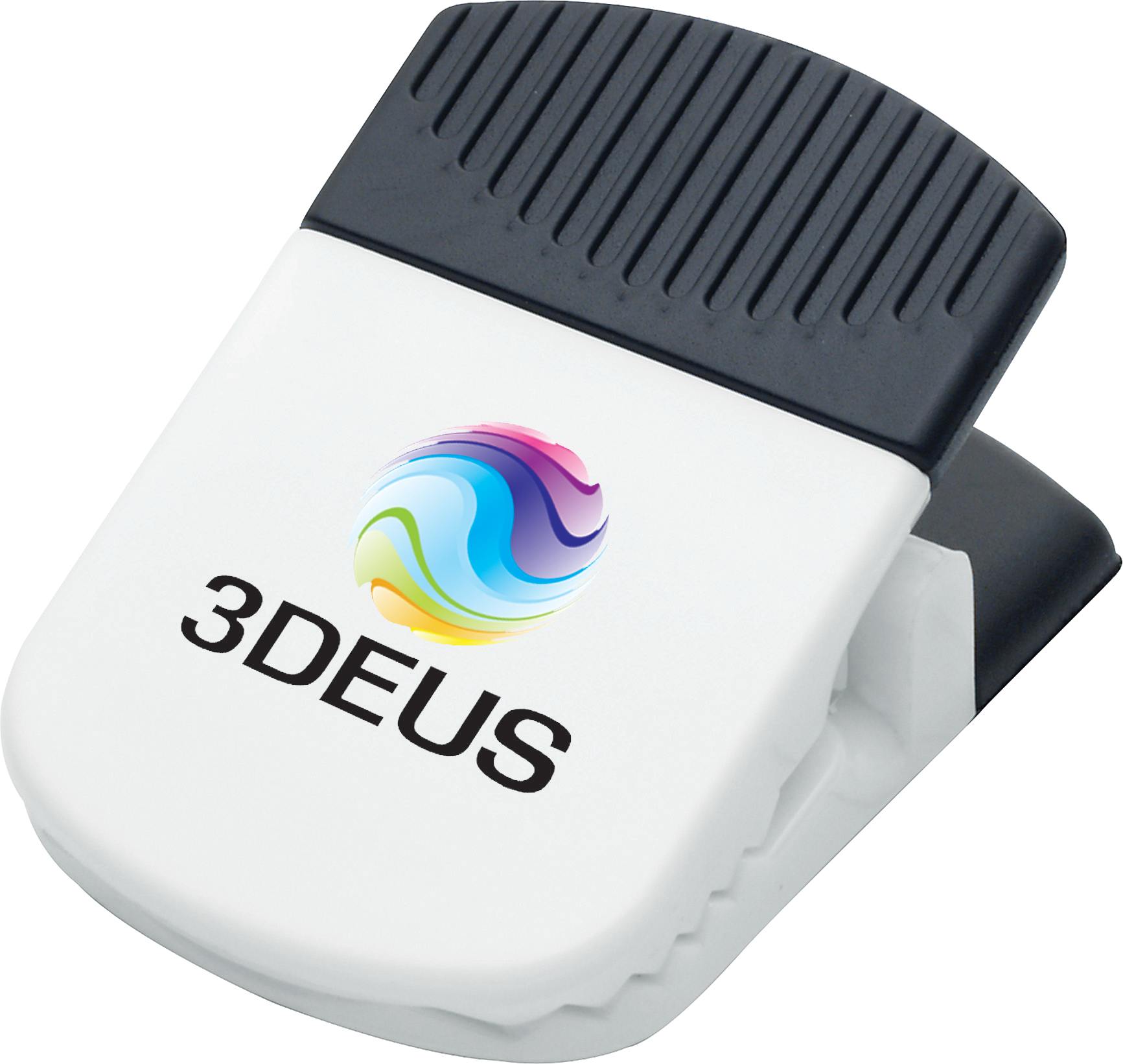 White Jumbo Magnetic Memo Clip a plastic with a heavy-duty spring-loaded hinge, rubberized grip, and magnetic back for holding notes, recipes, documents, or reminders on refrigerators and other metal surfaces.