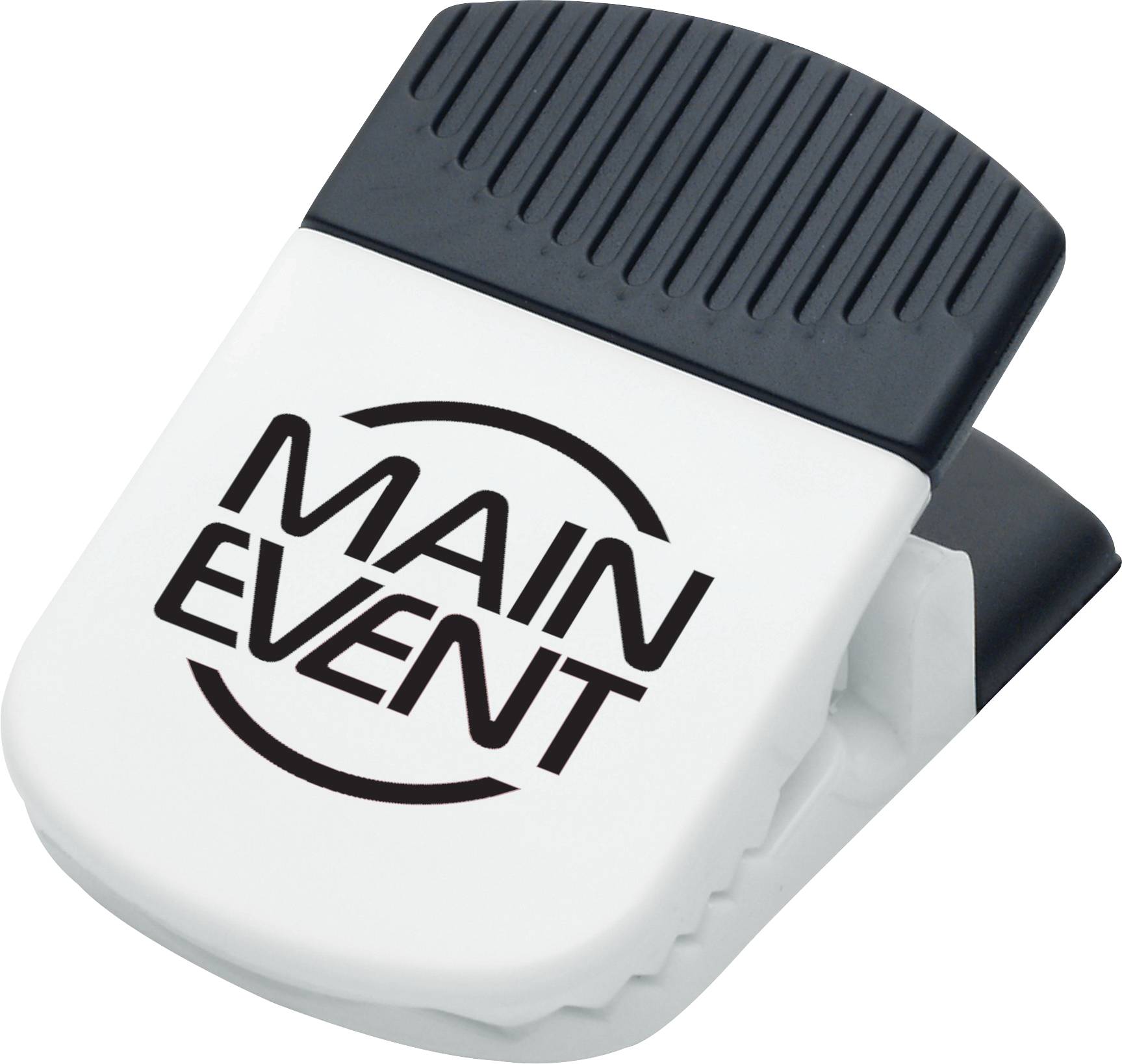 White Jumbo Magnetic Memo Clip a plastic with a heavy-duty spring-loaded hinge, rubberized grip, and magnetic back for holding notes, recipes, documents, or reminders on refrigerators and other metal surfaces.