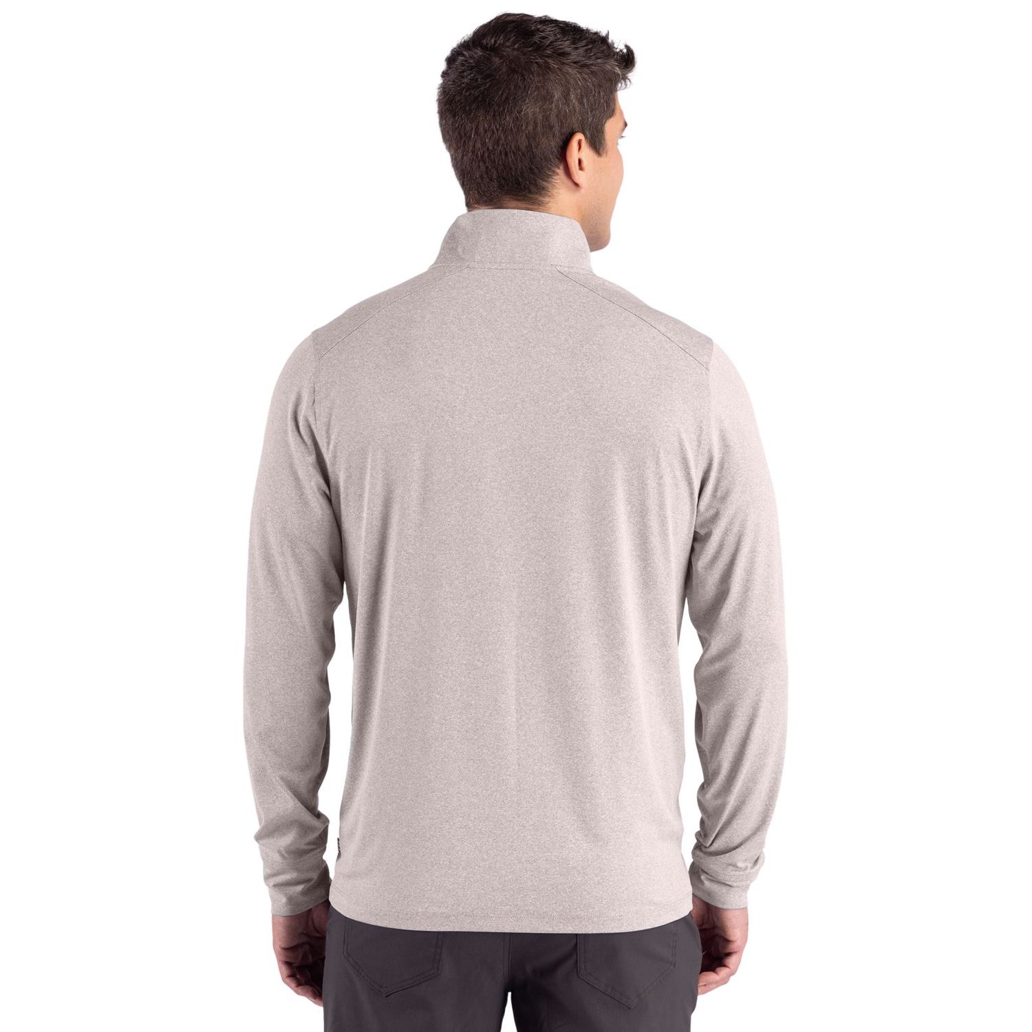 Polished Heather men's recycled performance quarter-zip pullover with self-mock collar, long sleeves, and athletic fit for everyday wear and layering.