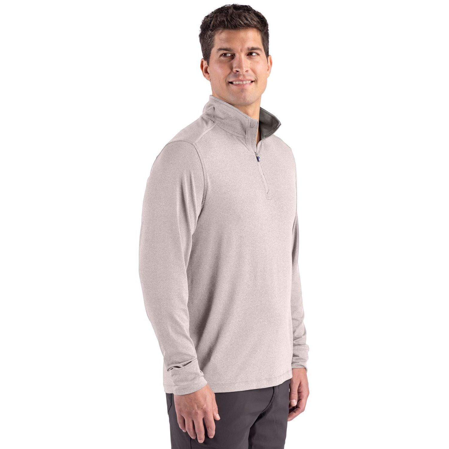 Polished Heather men's recycled performance quarter-zip pullover with self-mock collar, long sleeves, and athletic fit for everyday wear and layering.