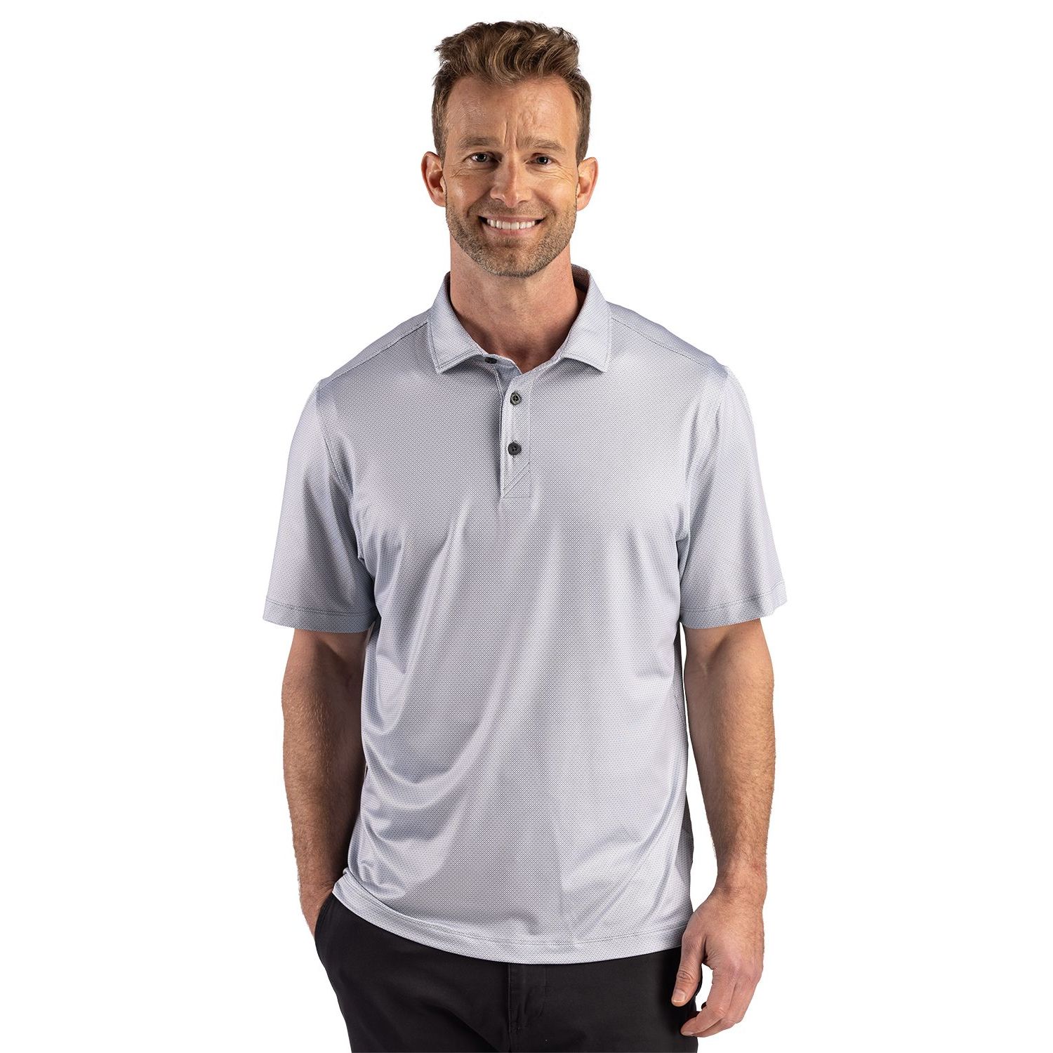 Elemental Grey men's recycled performance polo with subtle lattice print, self-fabric collar, short sleeves, and lightweight stretch fabric for everyday comfort.