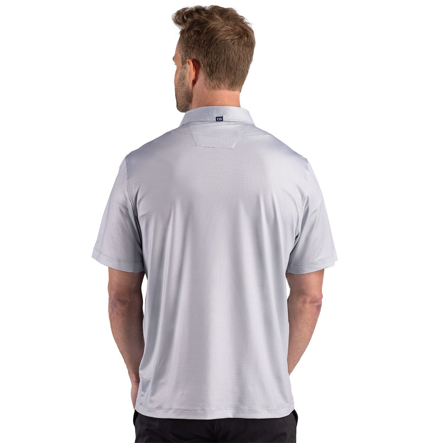 Elemental Grey men's recycled performance polo with subtle lattice print, self-fabric collar, short sleeves, and lightweight stretch fabric for everyday comfort.