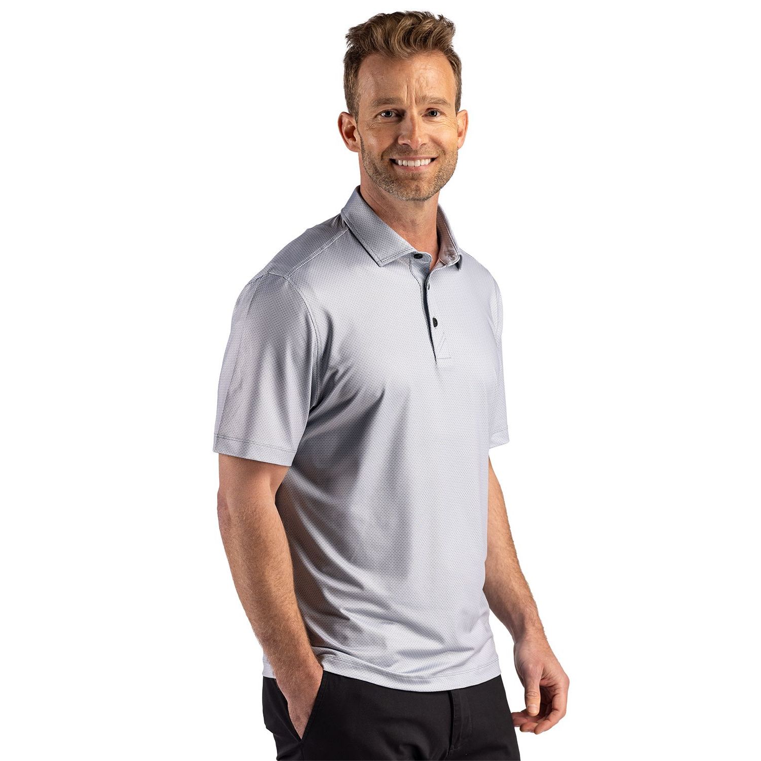 Elemental Grey men's recycled performance polo with subtle lattice print, self-fabric collar, short sleeves, and lightweight stretch fabric for everyday comfort.
