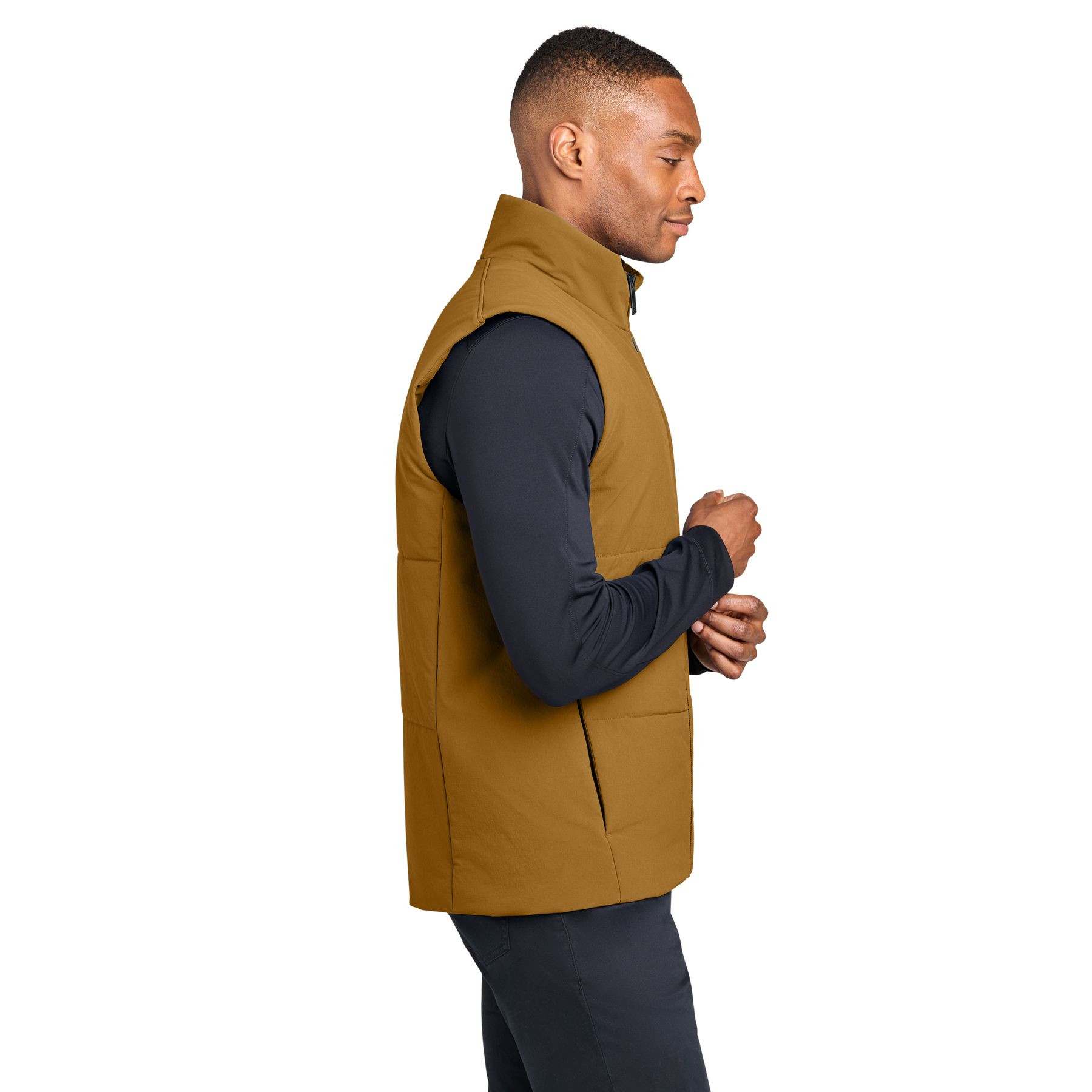 Amber Haze MiiR® Sashiko Stretch Puffy Vest in Amber Haze with a recycled nylon and spandex quilted shell, full-zip front, stand-up collar, zippered hand pockets, and lightweight insulated construction for everyday layering and outdoor wear.