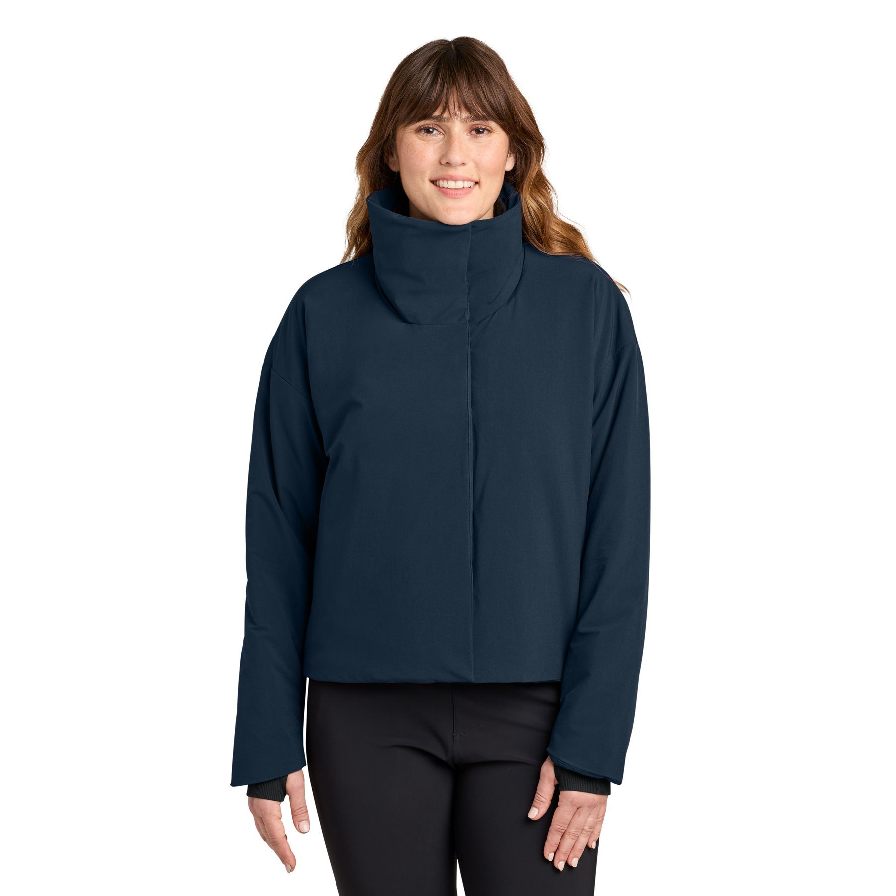 Indigo Navy MiiR® Women’s Sashiko Full-Zip Stretch Puffy Jacket with a recycled nylon and spandex quilted shell, full-zip front, stand-up rib-knit collar, zippered hand pockets, and lightweight insulated construction for everyday layering and outdoor wear.