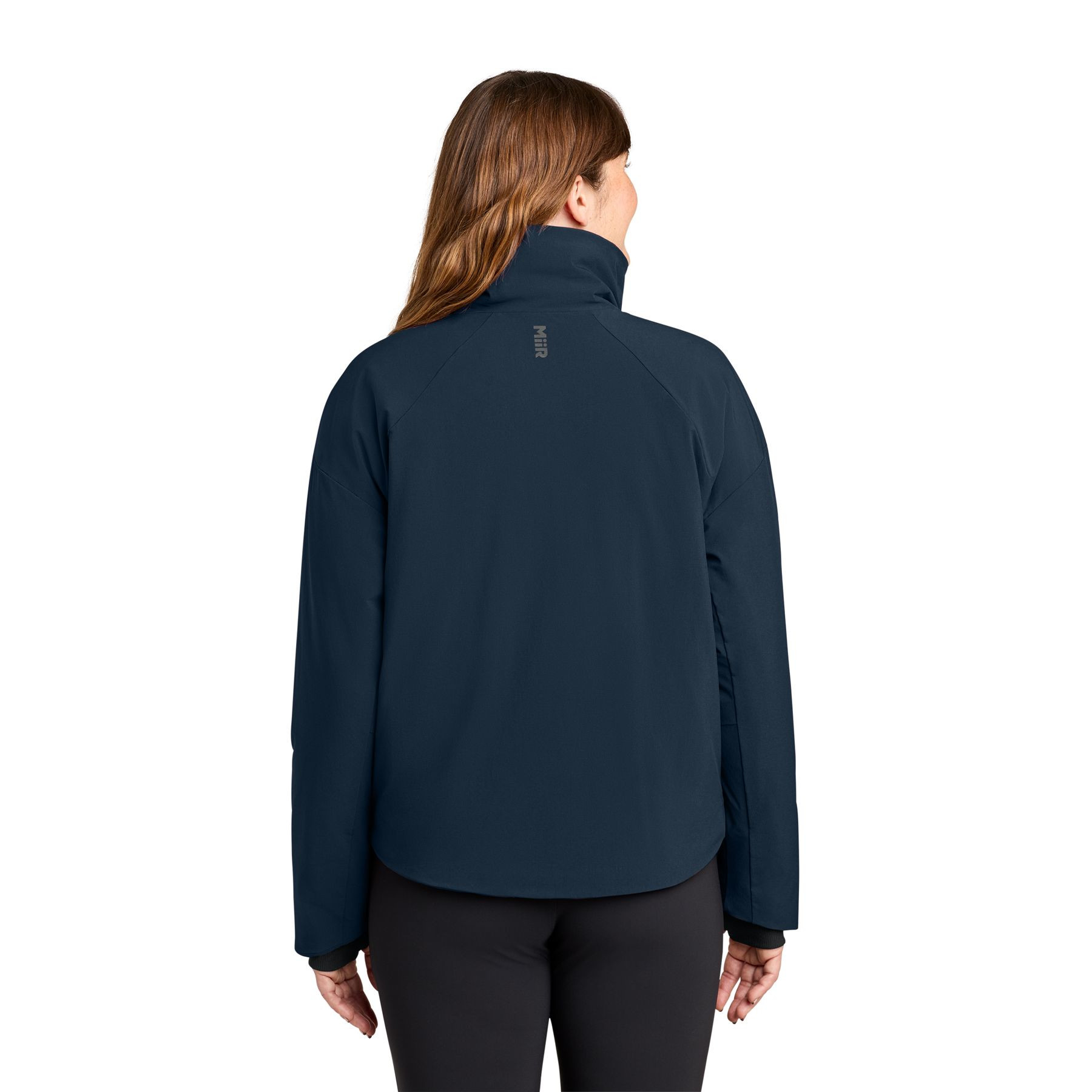 Indigo Navy MiiR® Women’s Sashiko Full-Zip Stretch Puffy Jacket with a recycled nylon and spandex quilted shell, full-zip front, stand-up rib-knit collar, zippered hand pockets, and lightweight insulated construction for everyday layering and outdoor wear.