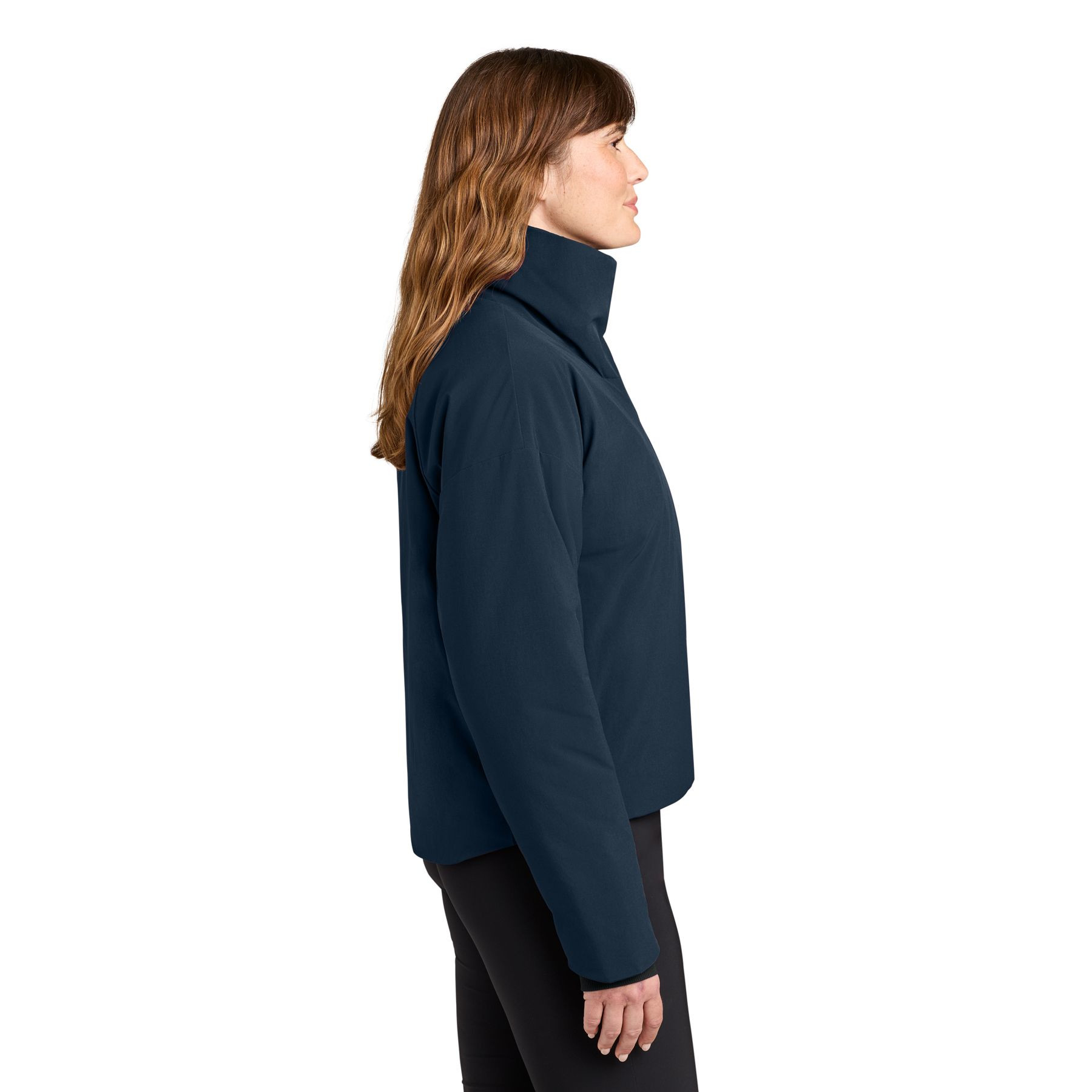 Indigo Navy MiiR® Women’s Sashiko Full-Zip Stretch Puffy Jacket with a recycled nylon and spandex quilted shell, full-zip front, stand-up rib-knit collar, zippered hand pockets, and lightweight insulated construction for everyday layering and outdoor wear.