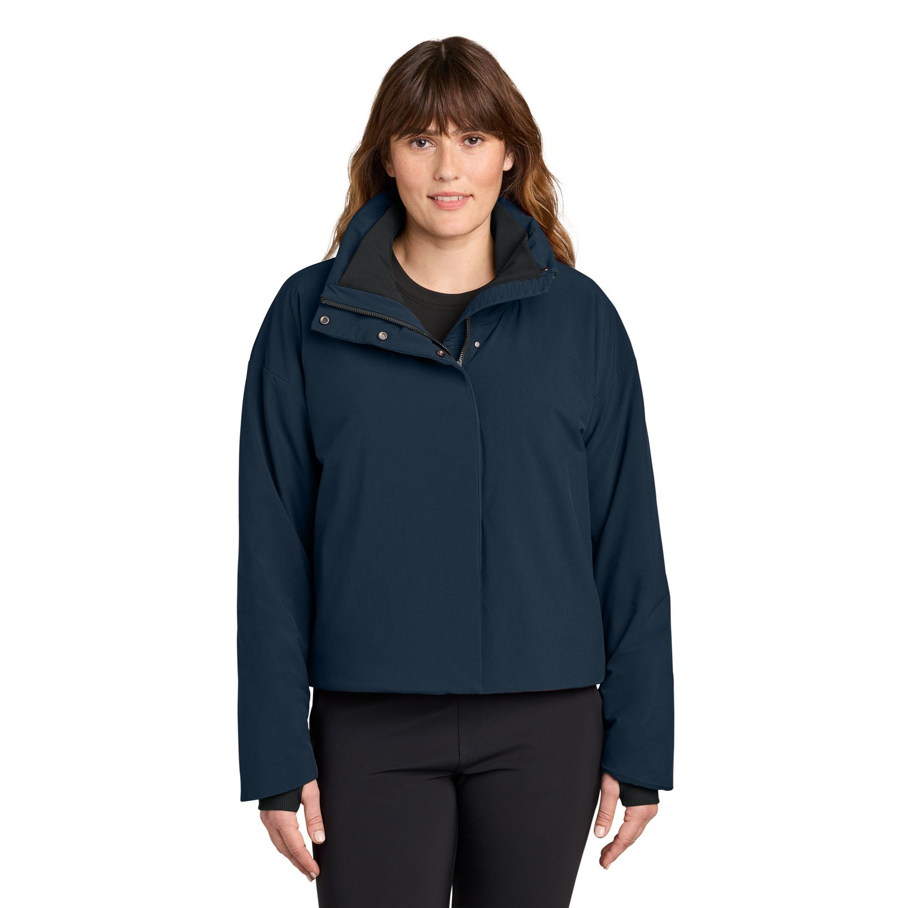 Indigo Navy MiiR® Women’s Sashiko Full-Zip Stretch Puffy Jacket with a recycled nylon and spandex quilted shell, full-zip front, stand-up rib-knit collar, zippered hand pockets, and lightweight insulated construction for everyday layering and outdoor wear.