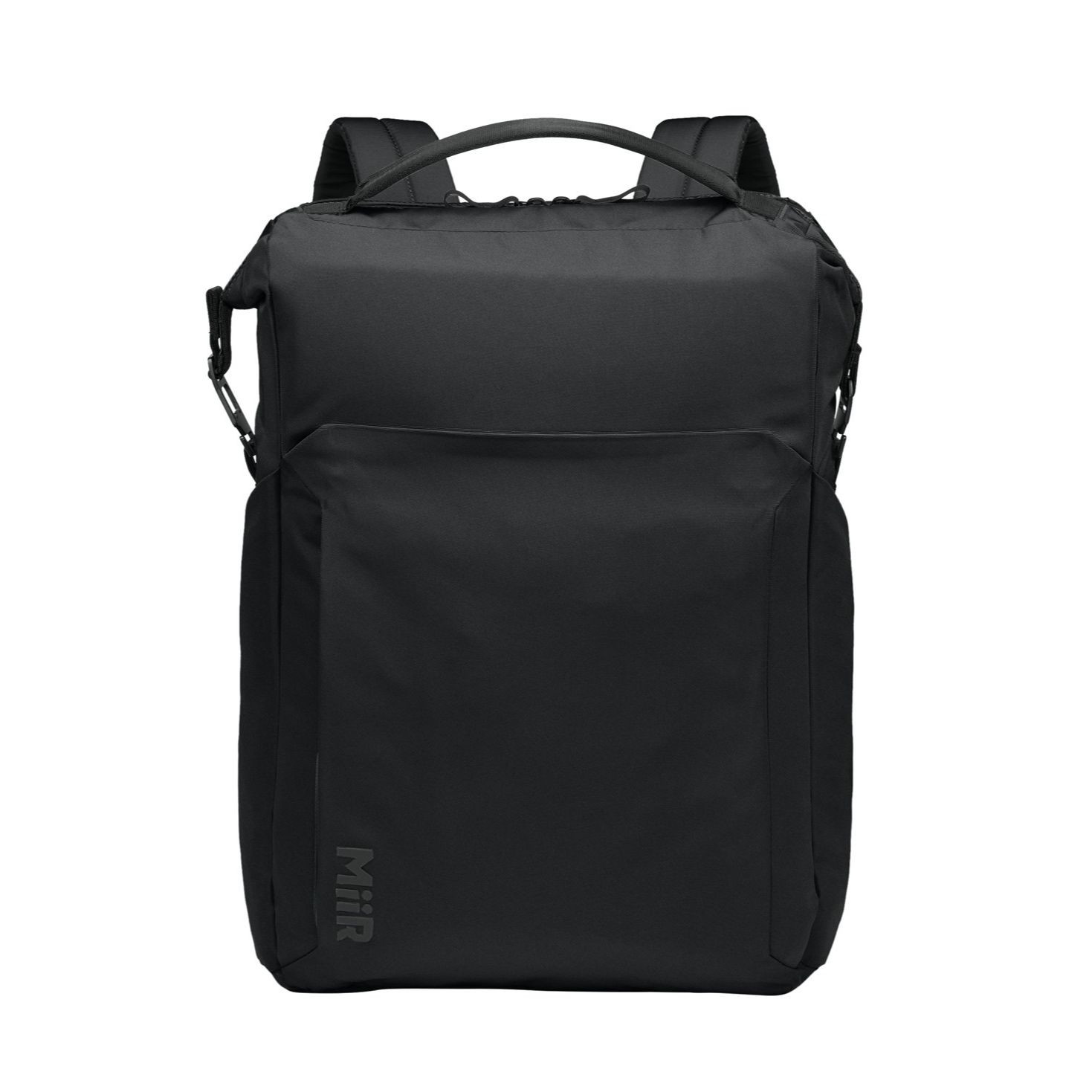 Pitch Black MiiR® Kori 24-Can Vertical Pack Cooler with a recycled polyester exterior, insulated zippered main compartment, front zip pocket, dual side bottle pockets, padded shoulder straps, and top carry handle for keeping food and beverages cold during travel, camping, and outdoor adventures.