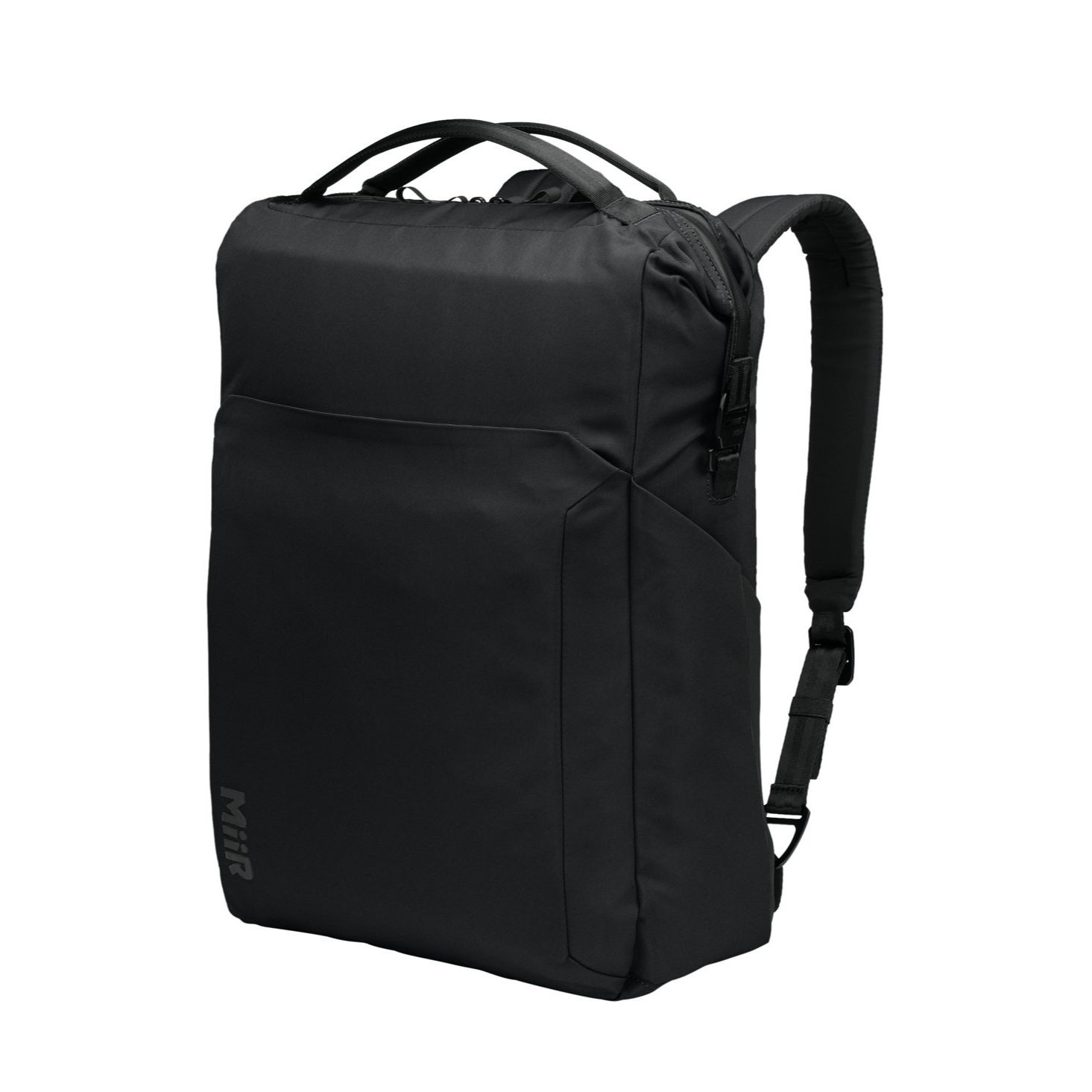Pitch Black MiiR® Kori 24-Can Vertical Pack Cooler with a recycled polyester exterior, insulated zippered main compartment, front zip pocket, dual side bottle pockets, padded shoulder straps, and top carry handle for keeping food and beverages cold during travel, camping, and outdoor adventures.