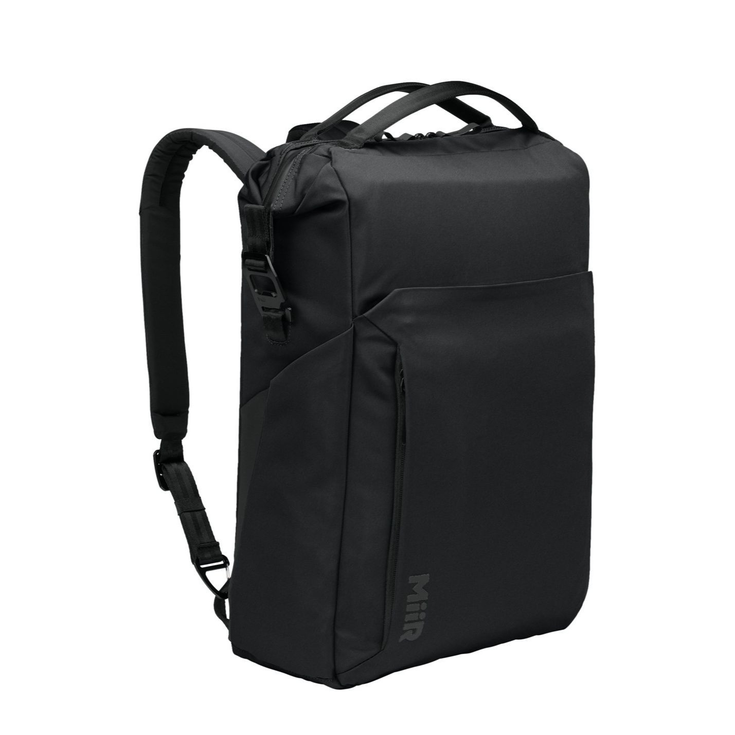 Pitch Black MiiR® Kori 24-Can Vertical Pack Cooler with a recycled polyester exterior, insulated zippered main compartment, front zip pocket, dual side bottle pockets, padded shoulder straps, and top carry handle for keeping food and beverages cold during travel, camping, and outdoor adventures.