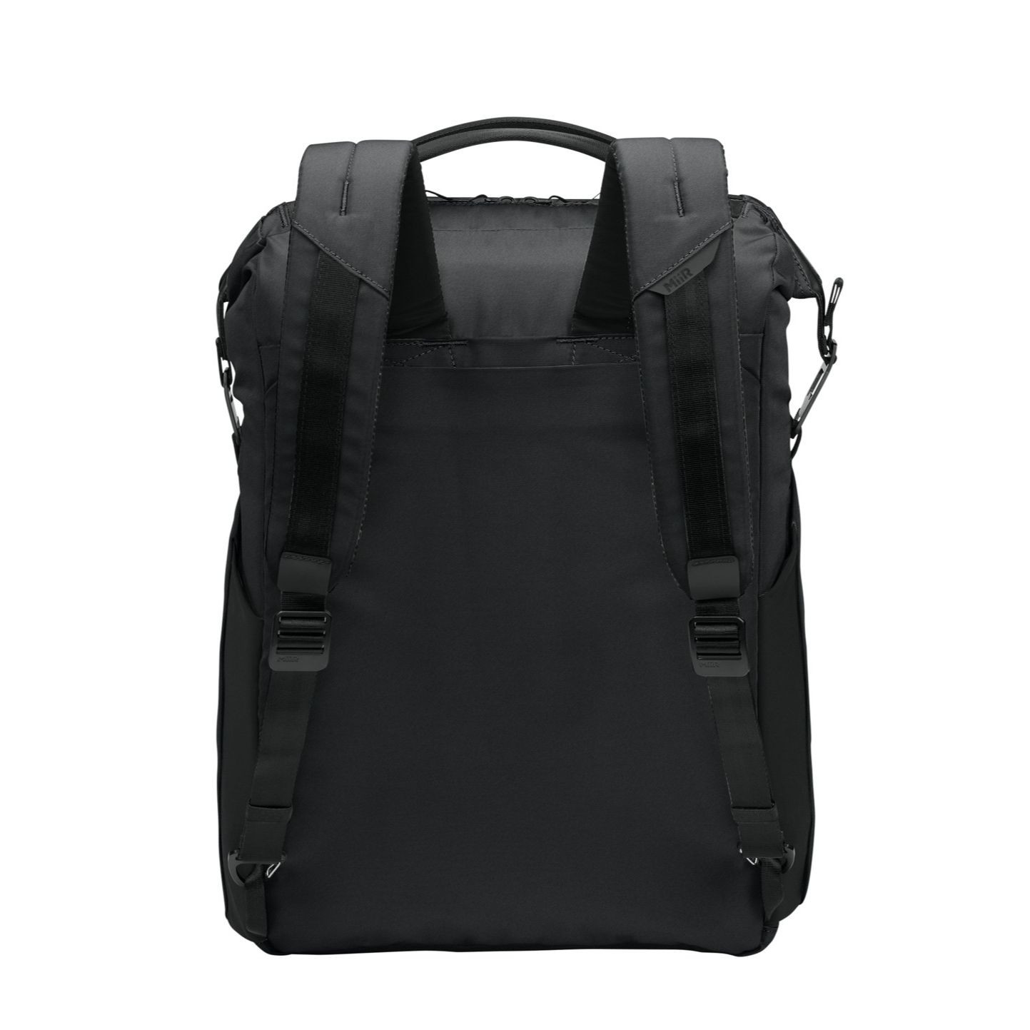 Pitch Black MiiR® Kori 24-Can Vertical Pack Cooler with a recycled polyester exterior, insulated zippered main compartment, front zip pocket, dual side bottle pockets, padded shoulder straps, and top carry handle for keeping food and beverages cold during travel, camping, and outdoor adventures.
