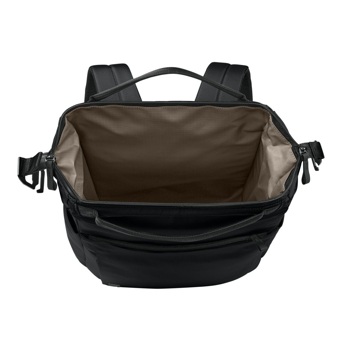 Pitch Black MiiR® Kori 24-Can Vertical Pack Cooler with a recycled polyester exterior, insulated zippered main compartment, front zip pocket, dual side bottle pockets, padded shoulder straps, and top carry handle for keeping food and beverages cold during travel, camping, and outdoor adventures.