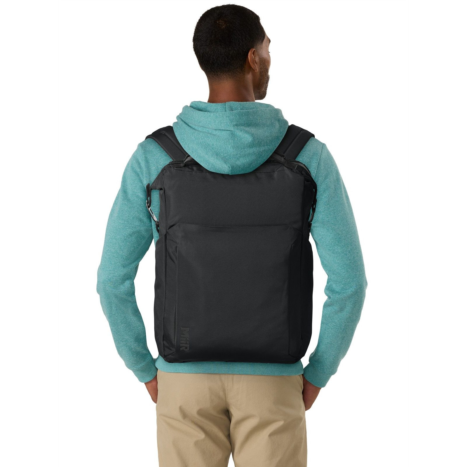 Pitch Black MiiR® Kori 24-Can Vertical Pack Cooler with a recycled polyester exterior, insulated zippered main compartment, front zip pocket, dual side bottle pockets, padded shoulder straps, and top carry handle for keeping food and beverages cold during travel, camping, and outdoor adventures.