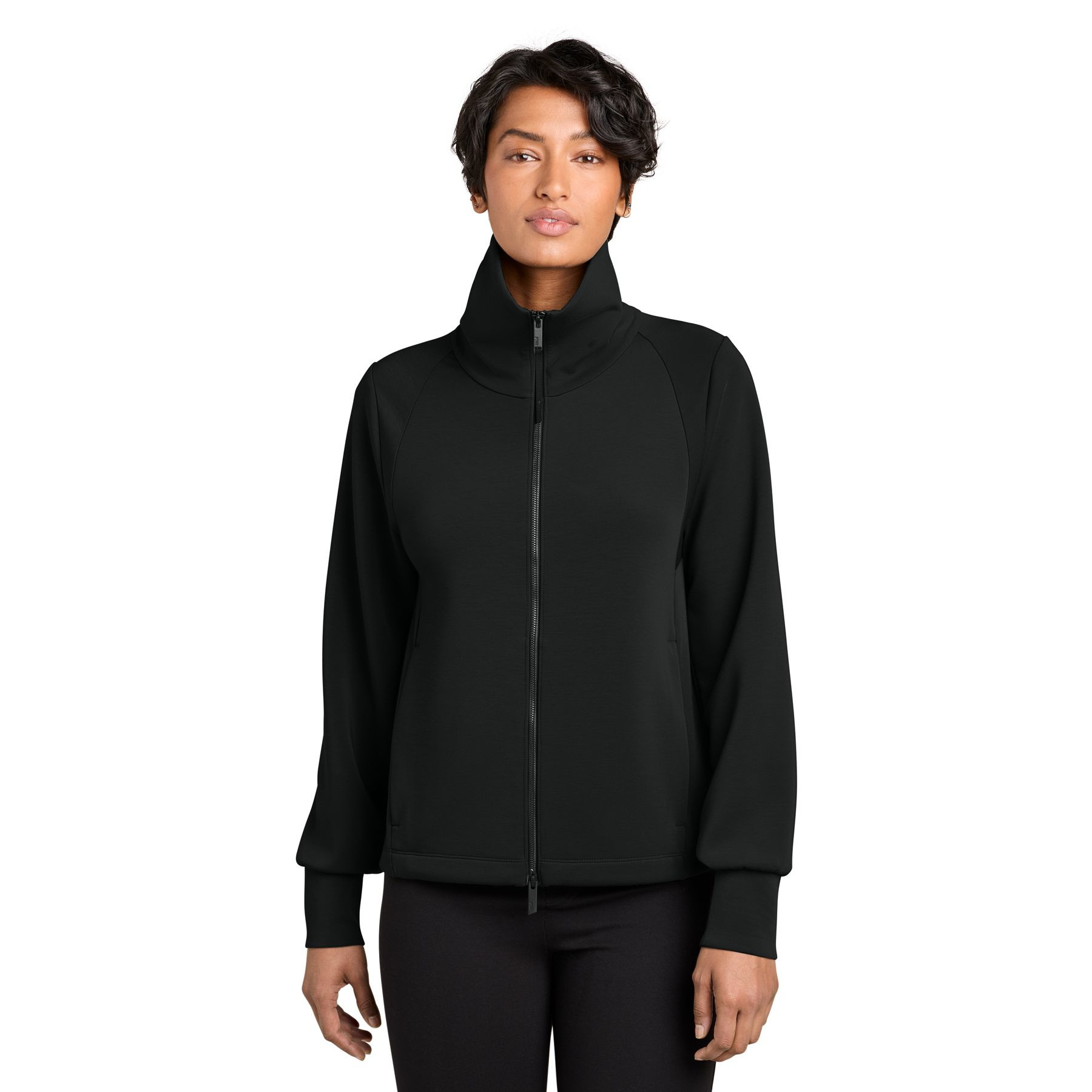 Pitch Black MiiR® Women’s Kumo Full-Zip Jacket with ultrasoft recycled polyester spacer knit, a full-zip front, stand-up collar, zippered hand pockets, and long sleeves for lightweight layering and everyday outdoor wear.