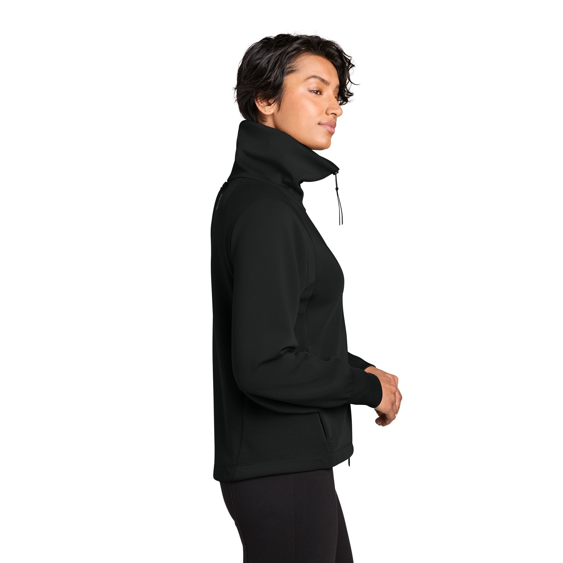 Pitch Black MiiR® Women’s Kumo Full-Zip Jacket with ultrasoft recycled polyester spacer knit, a full-zip front, stand-up collar, zippered hand pockets, and long sleeves for lightweight layering and everyday outdoor wear.