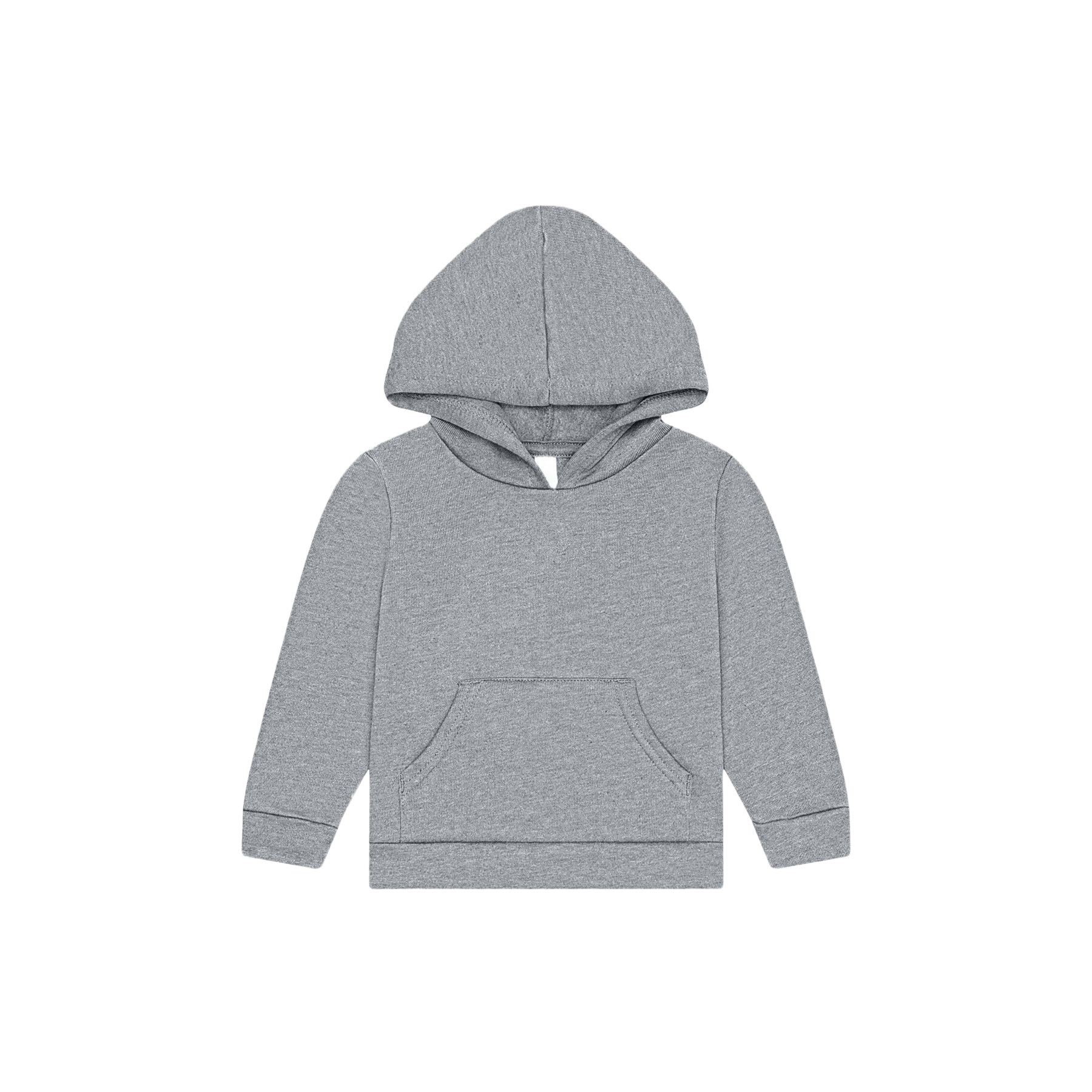 Athletic Heather toddler sponge fleece hooded sweatshirt with a hood, kangaroo pocket, rib knit cuffs and hem, and soft Airlume combed and ring-spun cotton blend fabric.