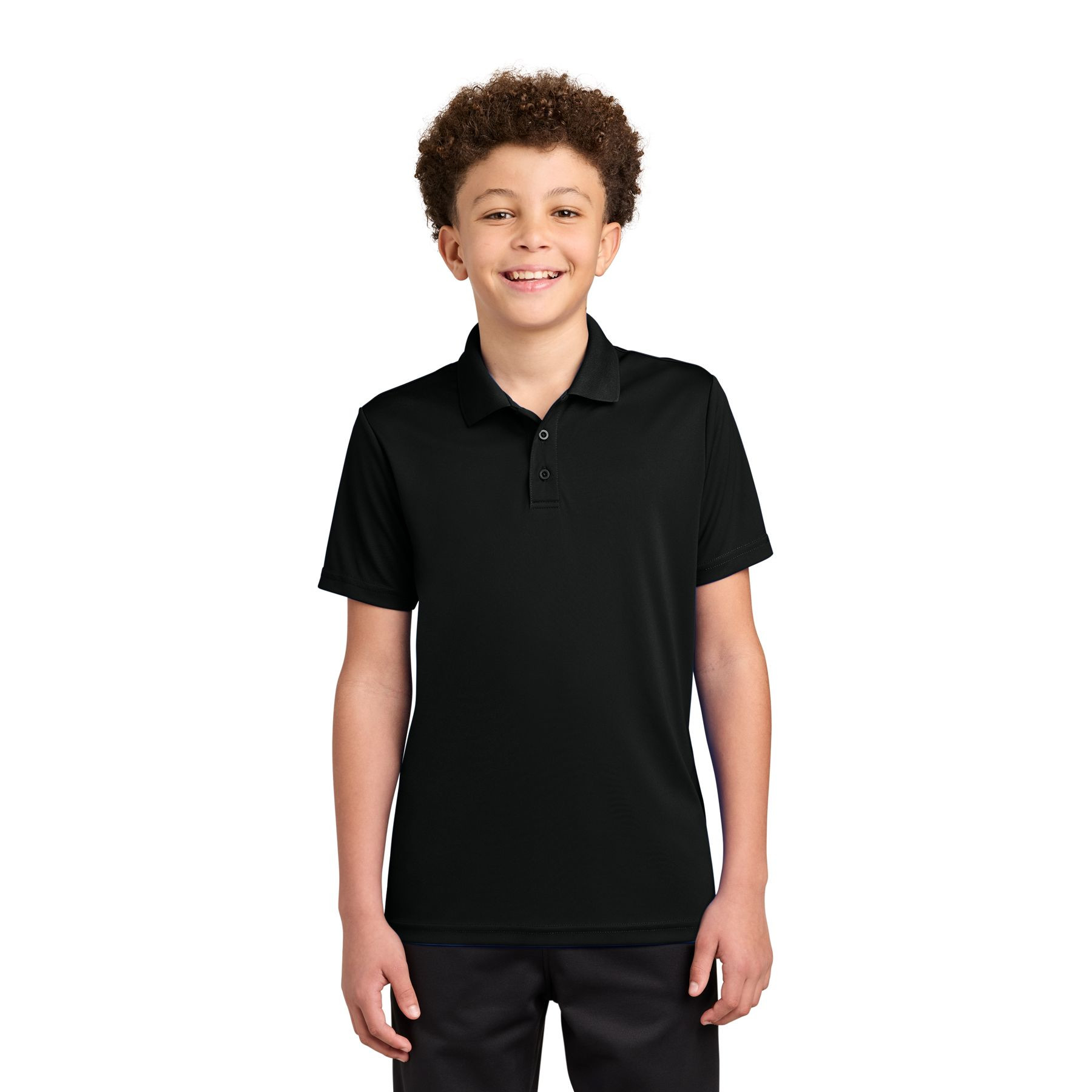 Black youth performance polo made from polyester interlock fabric with a flat knit collar, three-button placket, and moisture-wicking PosiCharge® technology.