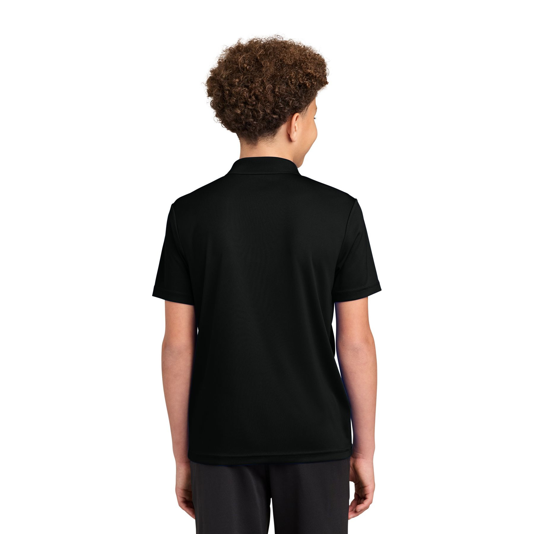 Black youth performance polo made from polyester interlock fabric with a flat knit collar, three-button placket, and moisture-wicking PosiCharge® technology.