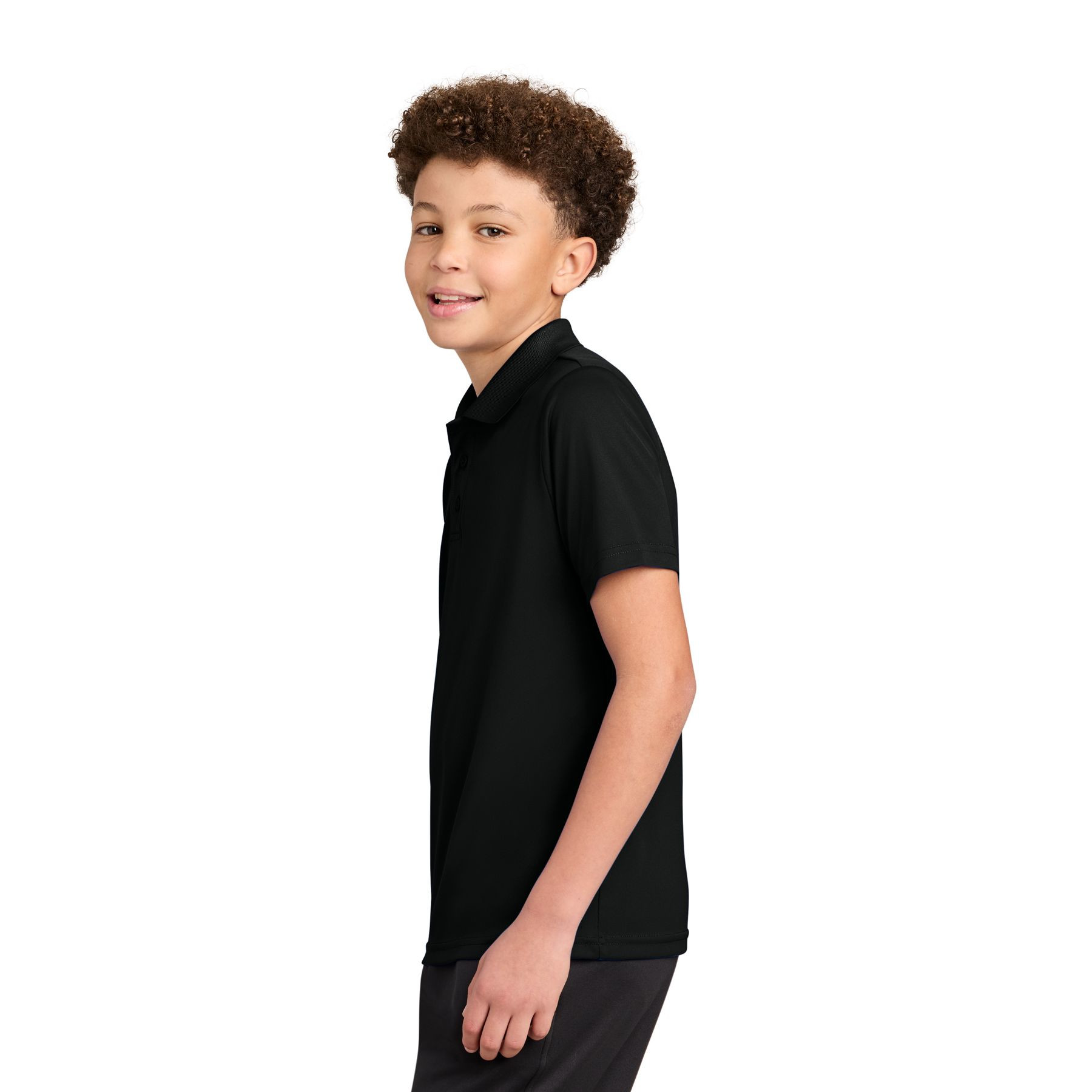 Black youth performance polo made from polyester interlock fabric with a flat knit collar, three-button placket, and moisture-wicking PosiCharge® technology.