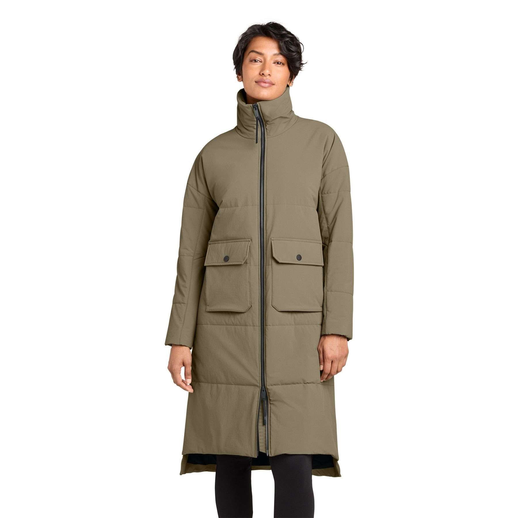 Truffle MiiR® Women’s Sashiko Stretch Puffy Long Jacket with a recycled nylon and spandex quilted shell, extended fold-over collar, two-way full-zip front, dual-entry patch hand pockets, and a long insulated design for everyday layering and outdoor wear.