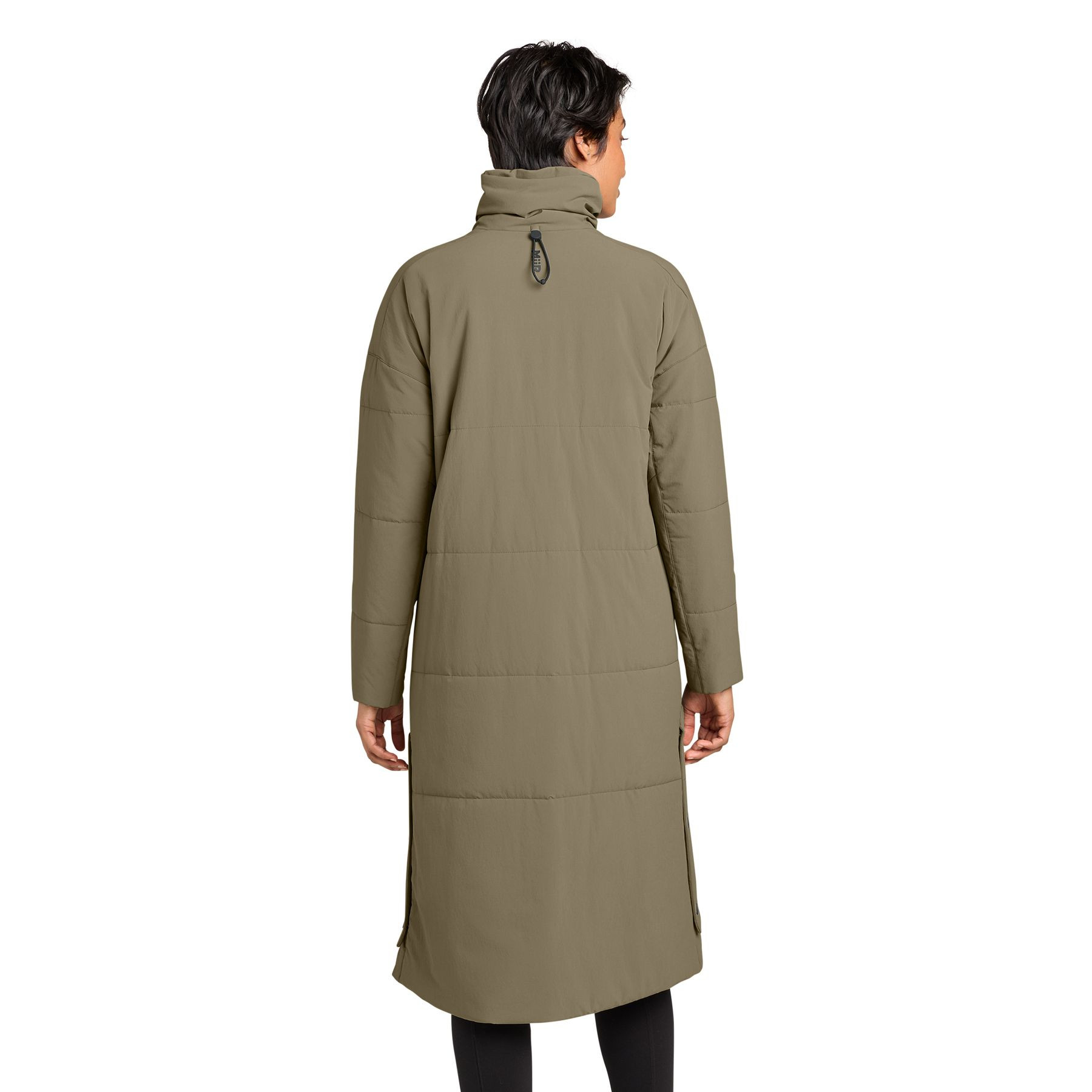Truffle MiiR® Women’s Sashiko Stretch Puffy Long Jacket with a recycled nylon and spandex quilted shell, extended fold-over collar, two-way full-zip front, dual-entry patch hand pockets, and a long insulated design for everyday layering and outdoor wear.