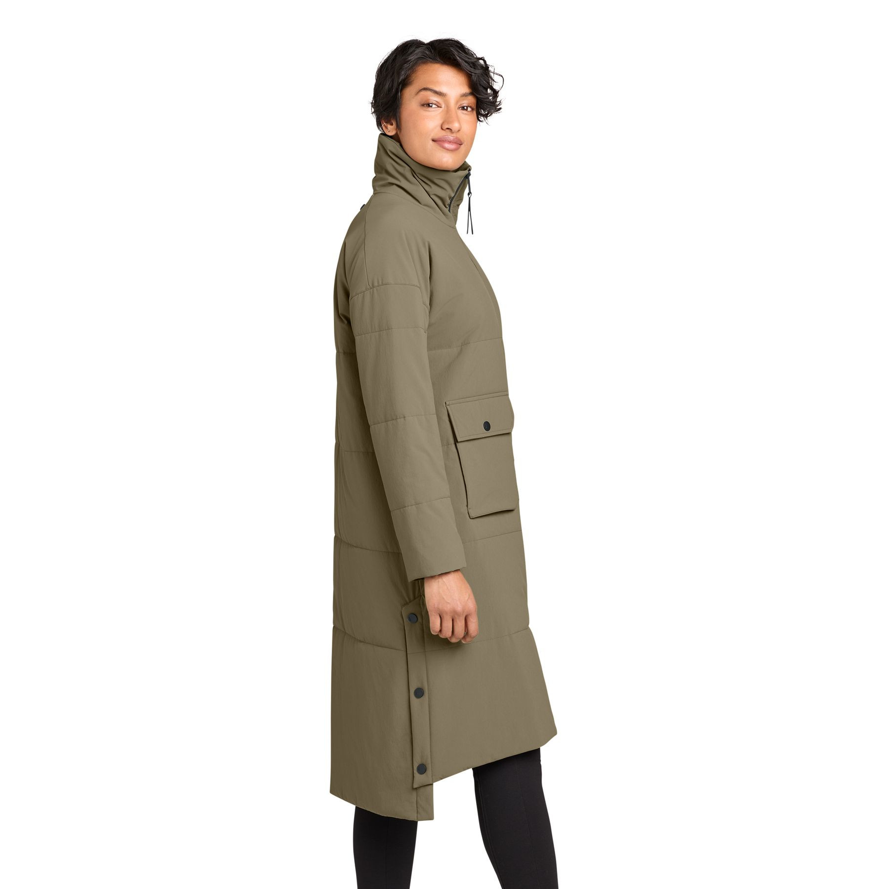 Truffle MiiR® Women’s Sashiko Stretch Puffy Long Jacket with a recycled nylon and spandex quilted shell, extended fold-over collar, two-way full-zip front, dual-entry patch hand pockets, and a long insulated design for everyday layering and outdoor wear.