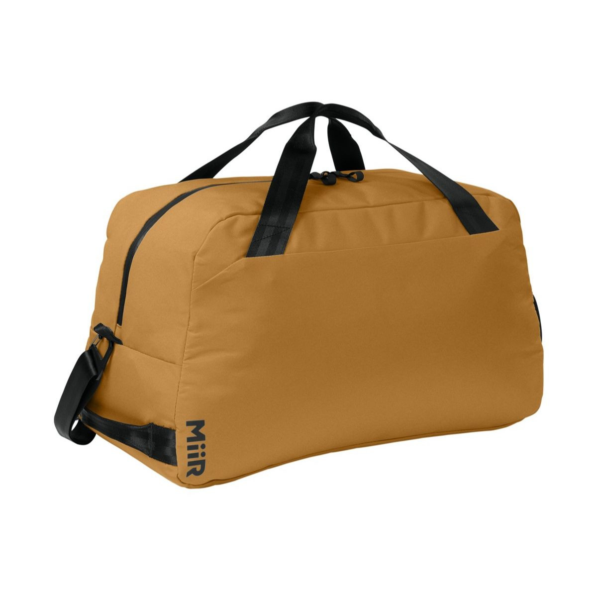 Amber Haze MiiR® Kondoh Duffel Bag with a recycled polyester exterior, spacious zippered main compartment, front zip pocket, dual carry handles, detachable padded shoulder strap, and durable design for travel, gym, and everyday gear storage.