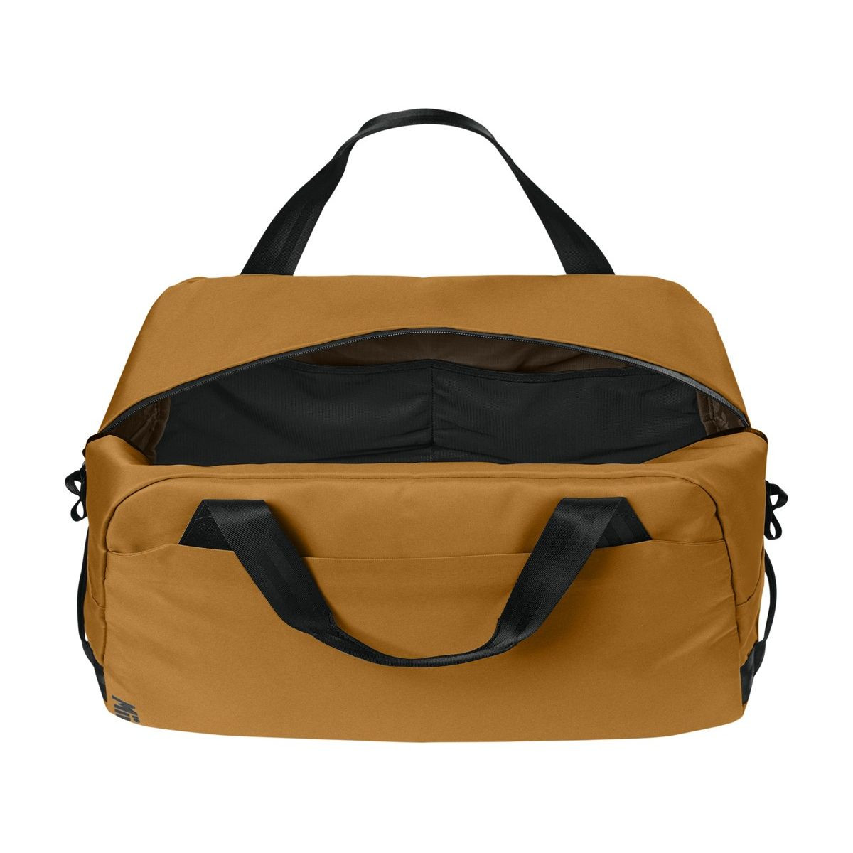 Amber Haze MiiR® Kondoh Duffel Bag with a recycled polyester exterior, spacious zippered main compartment, front zip pocket, dual carry handles, detachable padded shoulder strap, and durable design for travel, gym, and everyday gear storage.