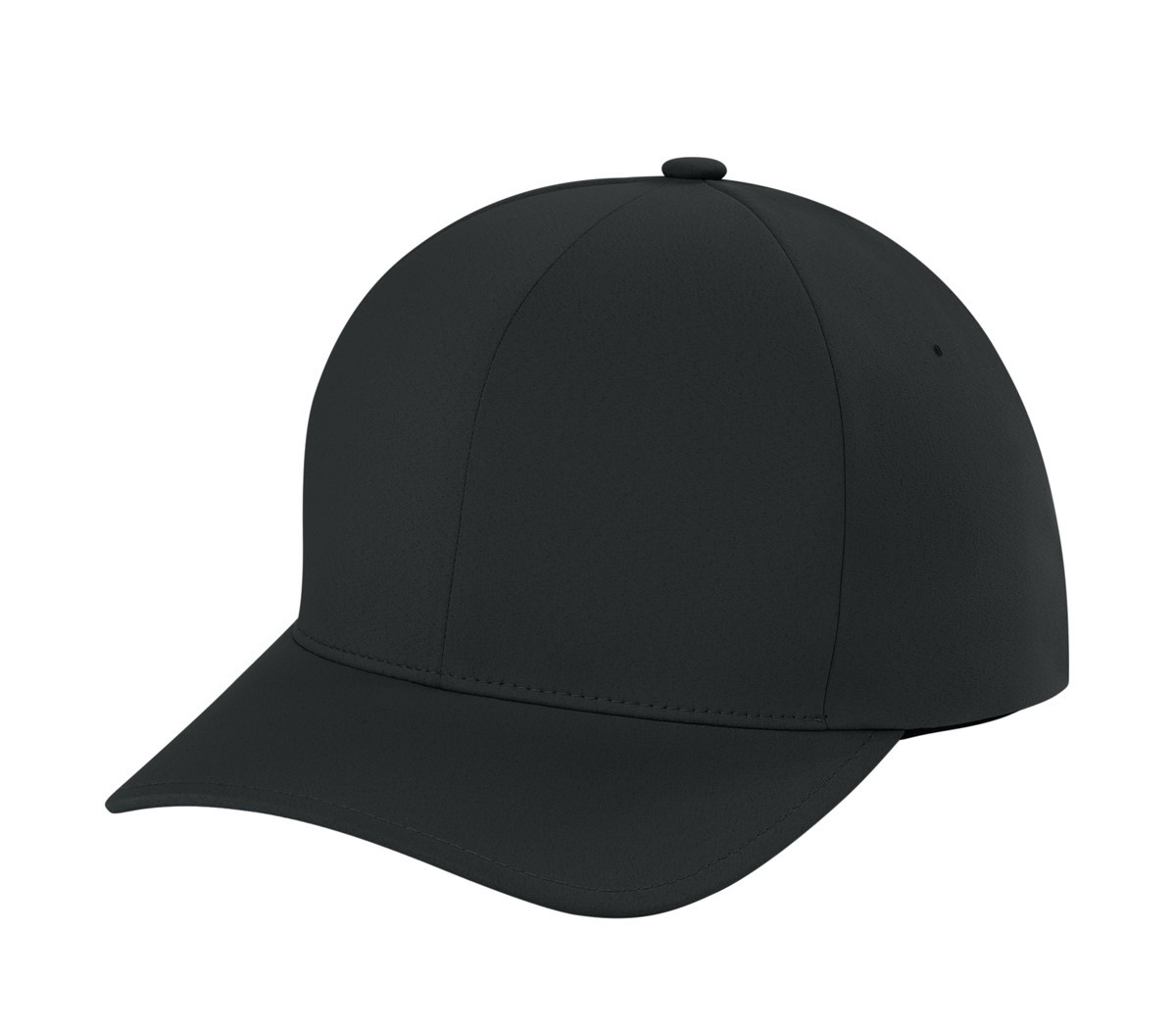 Black structured performance cap with a mid-profile design, curved bill, seamless panels, laser-cut eyelets, and stretch fit.