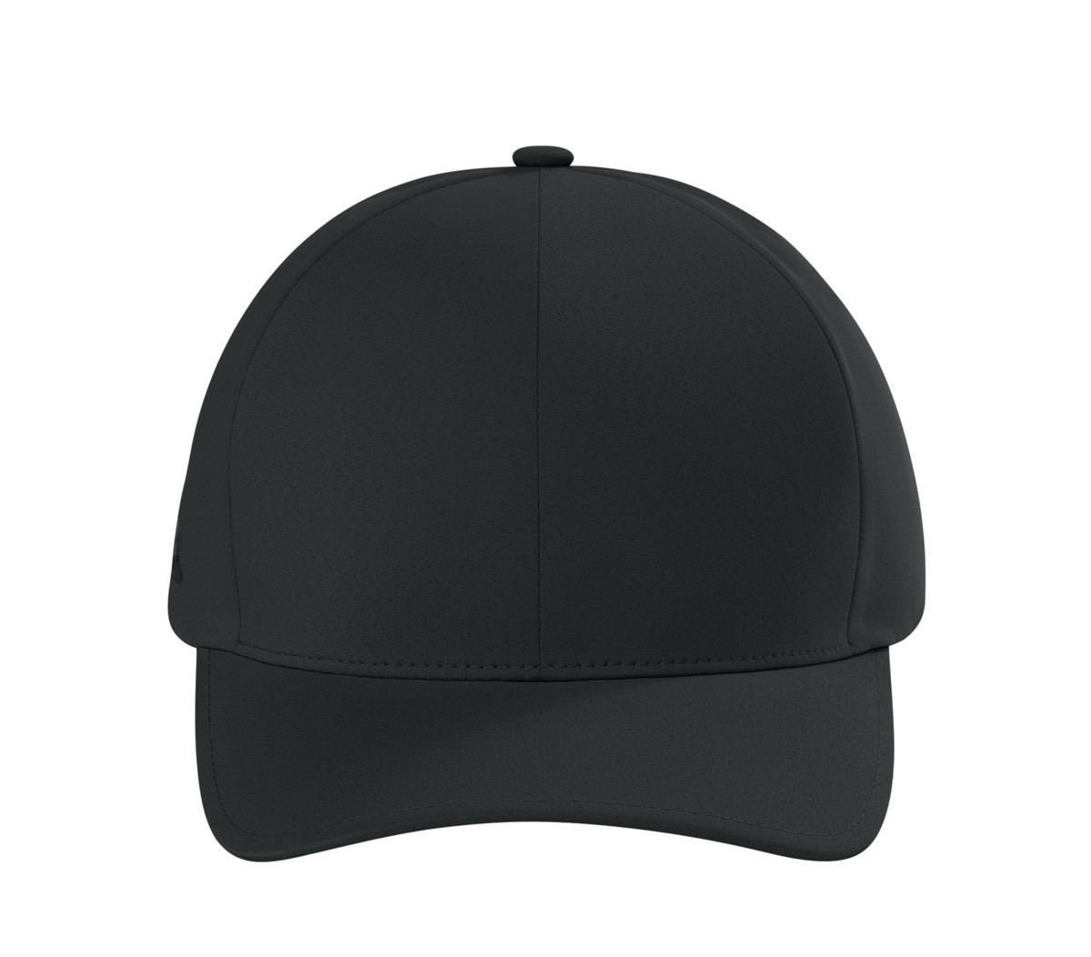 Black structured performance cap with a mid-profile design, curved bill, seamless panels, laser-cut eyelets, and stretch fit.