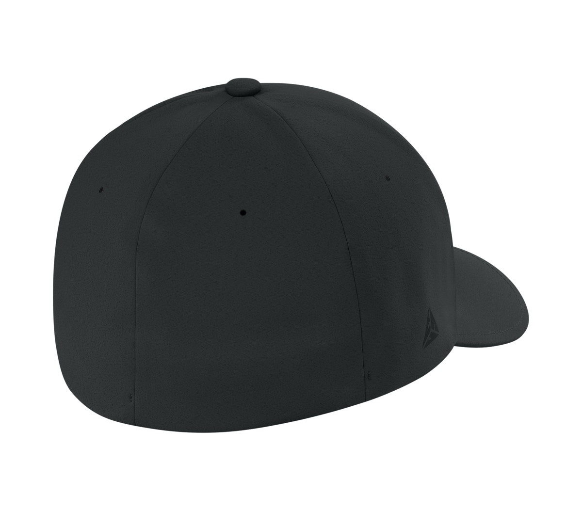 Black structured performance cap with a mid-profile design, curved bill, seamless panels, laser-cut eyelets, and stretch fit.