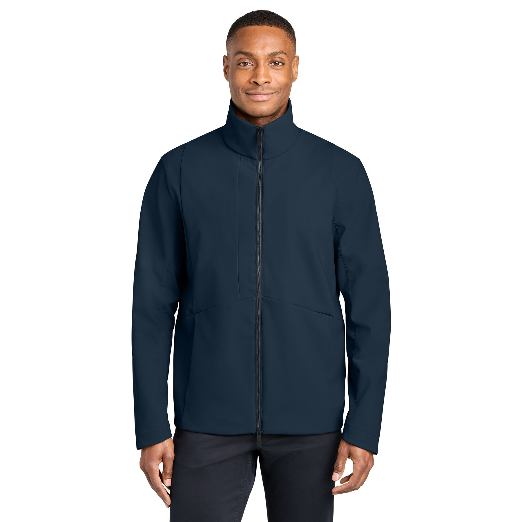Indigo Navy MiiR® Nozawa Full-Zip Soft Shell Jacket with a full-zip front, stand-up collar, zippered side pockets, and smooth polyester soft shell fabric, designed for lightweight outdoor wear and everyday layering.
