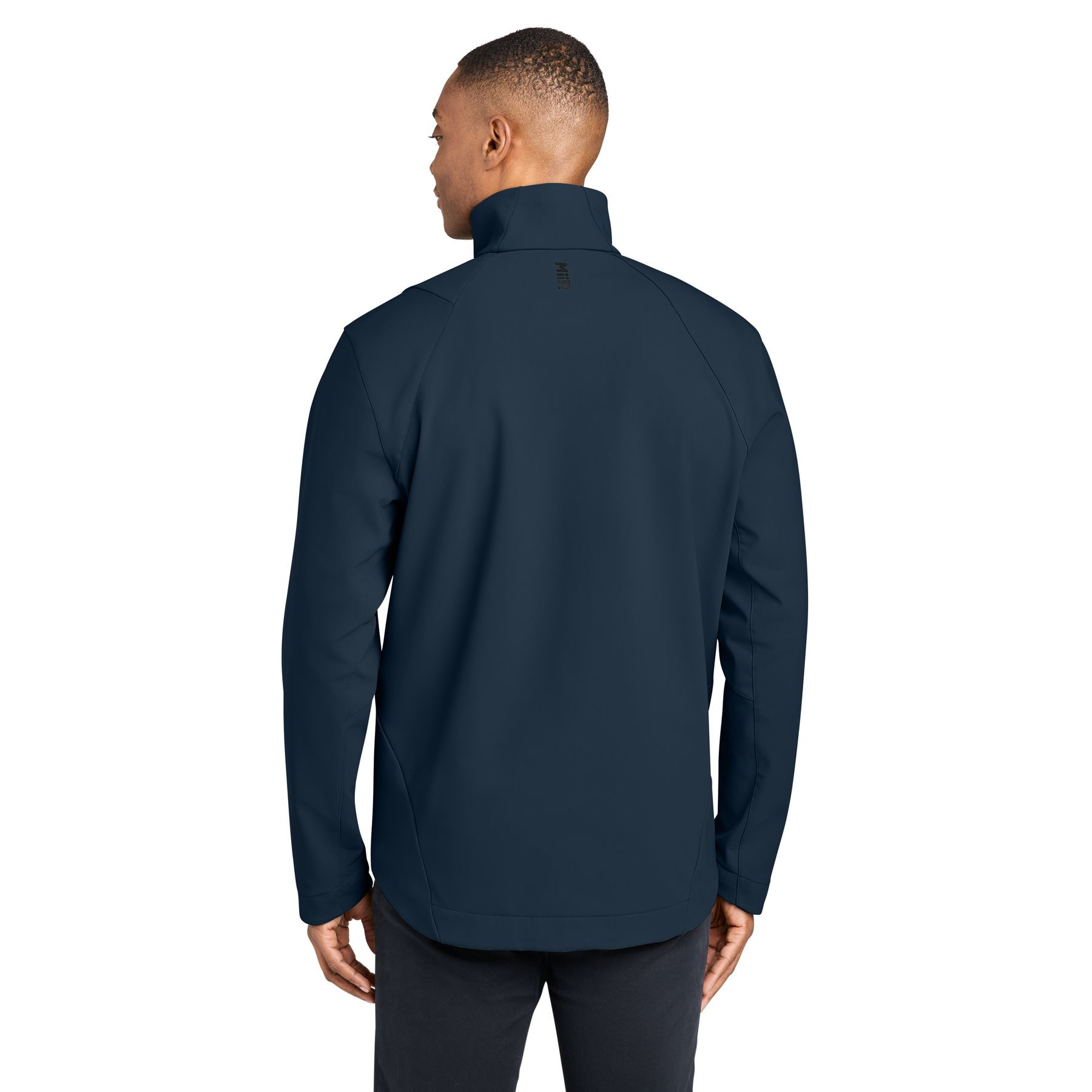 Indigo Navy MiiR® Nozawa Full-Zip Soft Shell Jacket with a full-zip front, stand-up collar, zippered side pockets, and smooth polyester soft shell fabric, designed for lightweight outdoor wear and everyday layering.