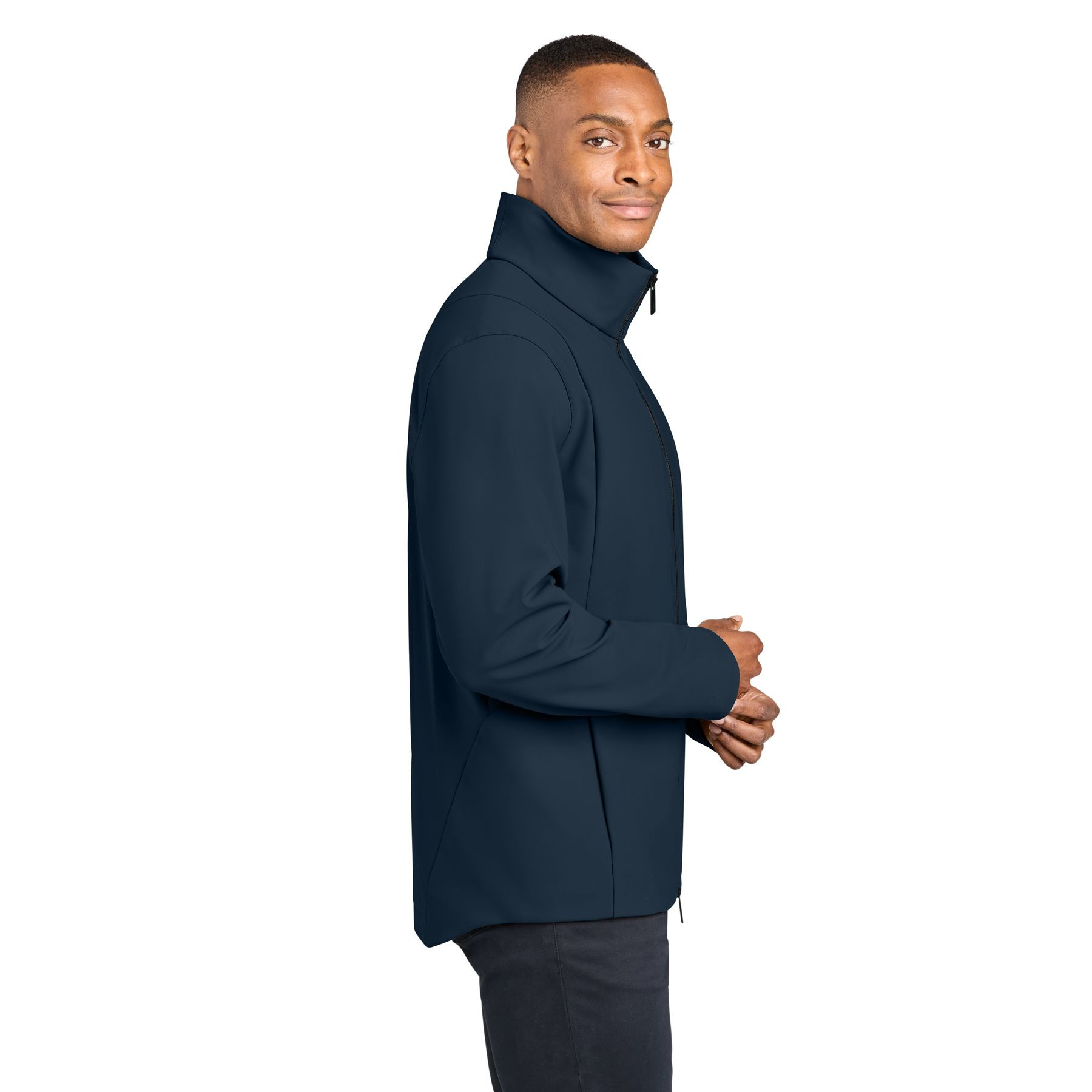 Indigo Navy MiiR® Nozawa Full-Zip Soft Shell Jacket with a full-zip front, stand-up collar, zippered side pockets, and smooth polyester soft shell fabric, designed for lightweight outdoor wear and everyday layering.