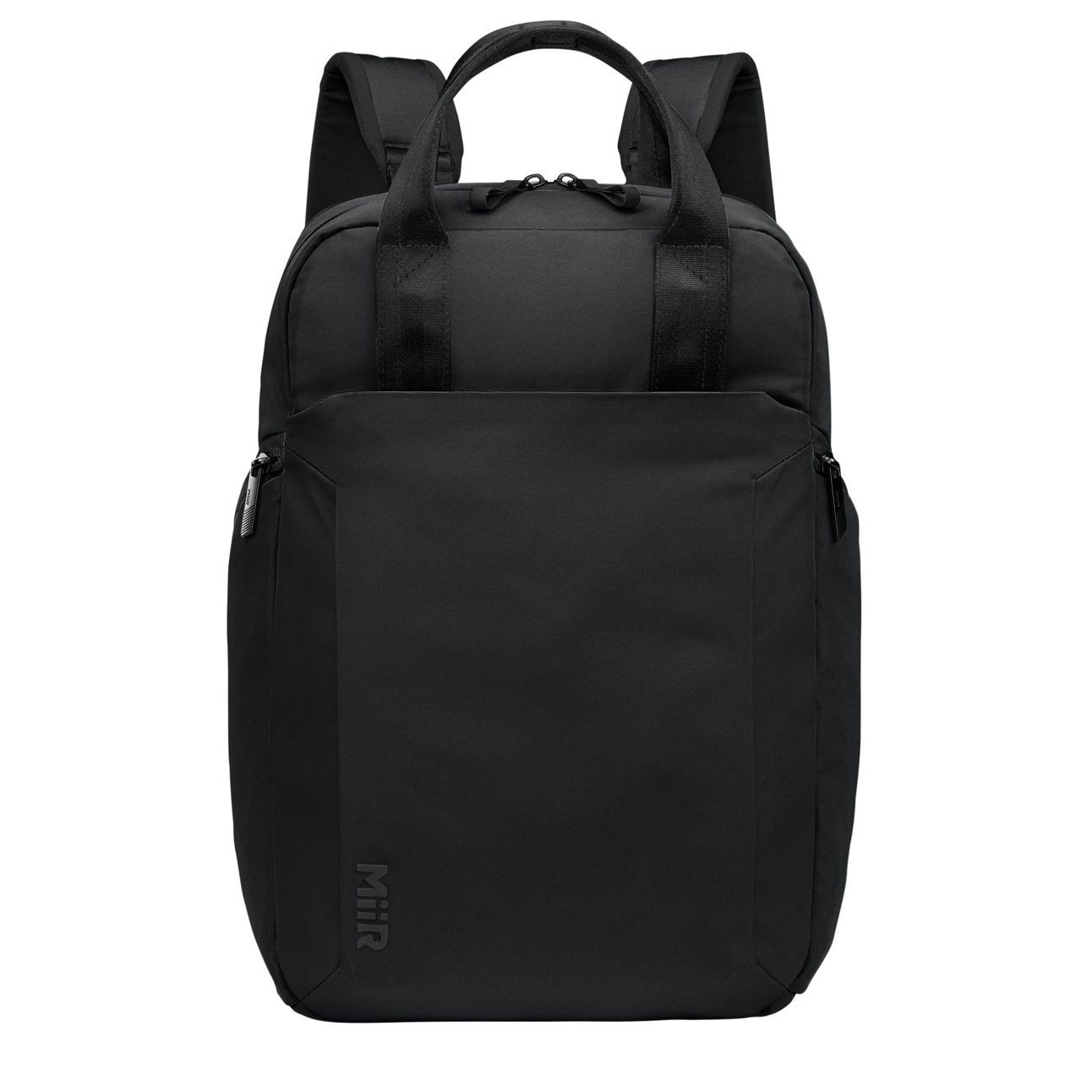 Pitch Black MiiR® Kondoh Double-Handle Pack backpack, made from durable recycled polyester with dual tote handles, padded shoulder straps, multiple zippered compartments, and a streamlined design for commuting, work, travel, and everyday carry.