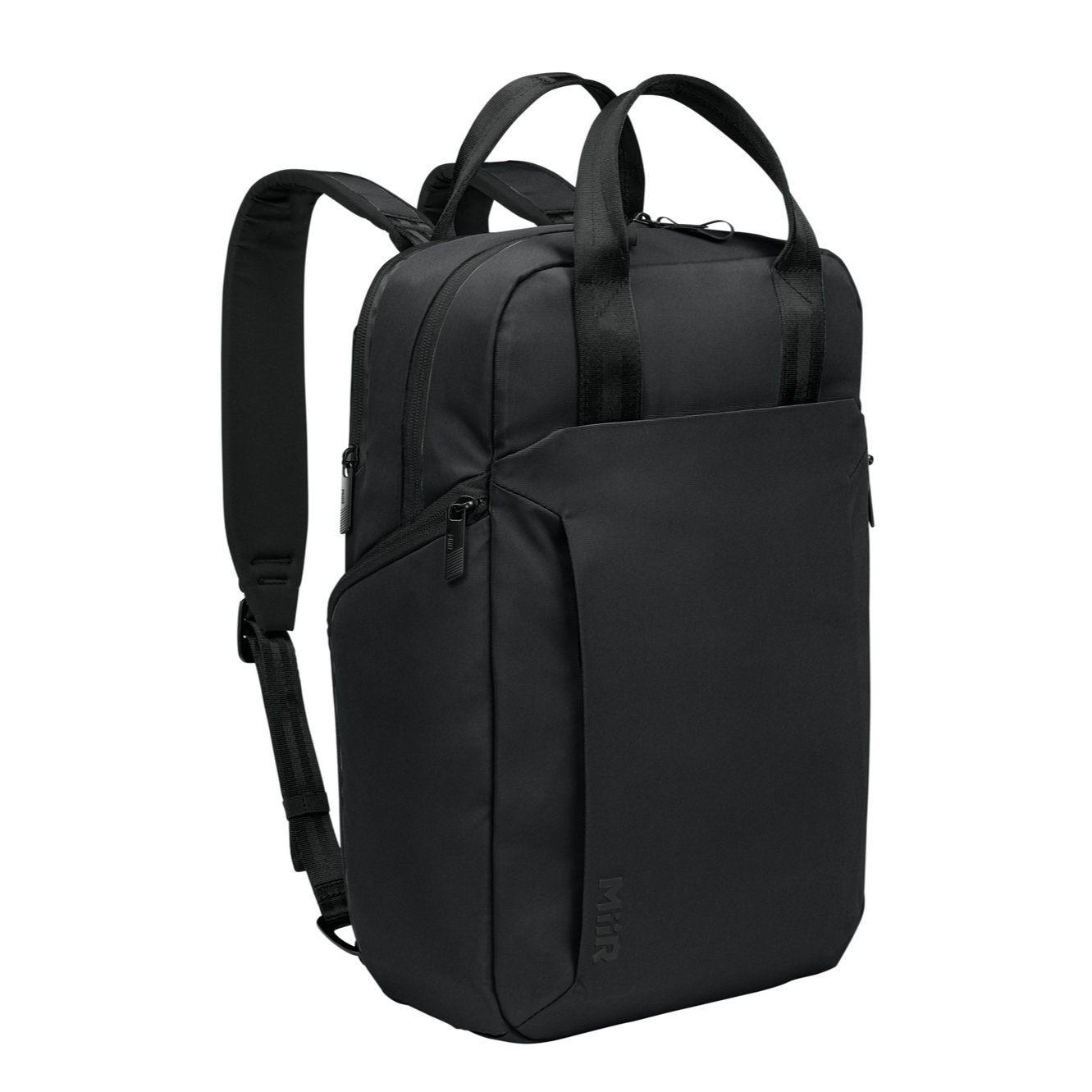 Pitch Black MiiR® Kondoh Double-Handle Pack backpack, made from durable recycled polyester with dual tote handles, padded shoulder straps, multiple zippered compartments, and a streamlined design for commuting, work, travel, and everyday carry.