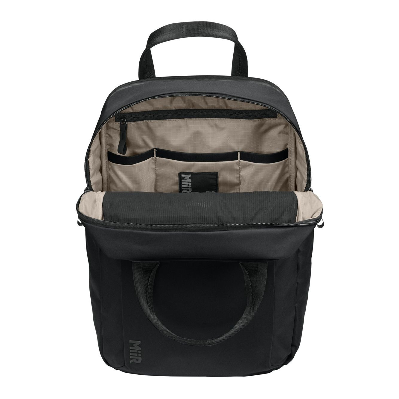 Pitch Black MiiR® Kondoh Double-Handle Pack backpack, made from durable recycled polyester with dual tote handles, padded shoulder straps, multiple zippered compartments, and a streamlined design for commuting, work, travel, and everyday carry.