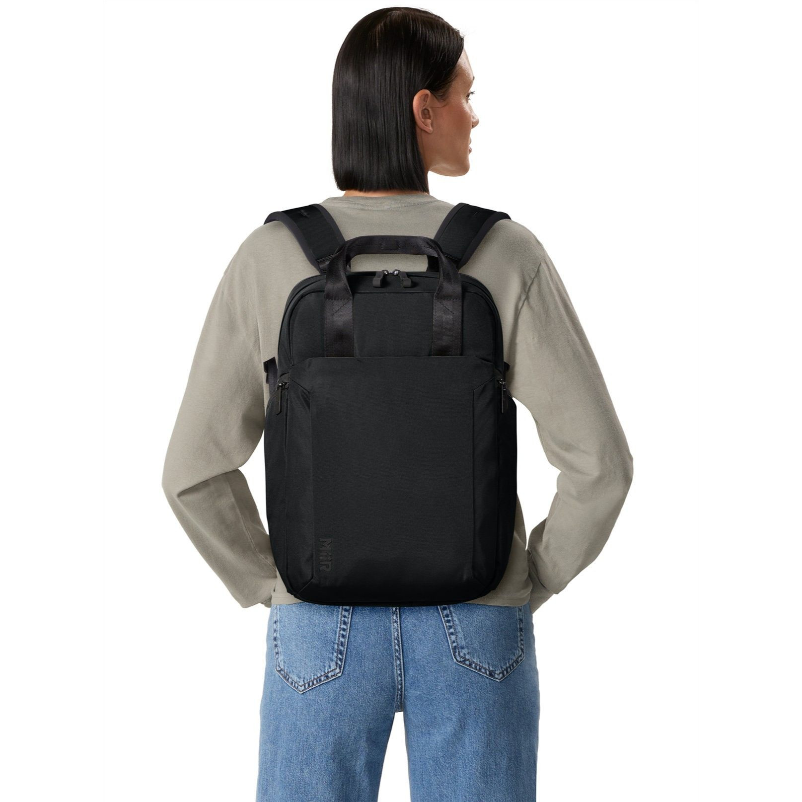 Pitch Black MiiR® Kondoh Double-Handle Pack backpack, made from durable recycled polyester with dual tote handles, padded shoulder straps, multiple zippered compartments, and a streamlined design for commuting, work, travel, and everyday carry.