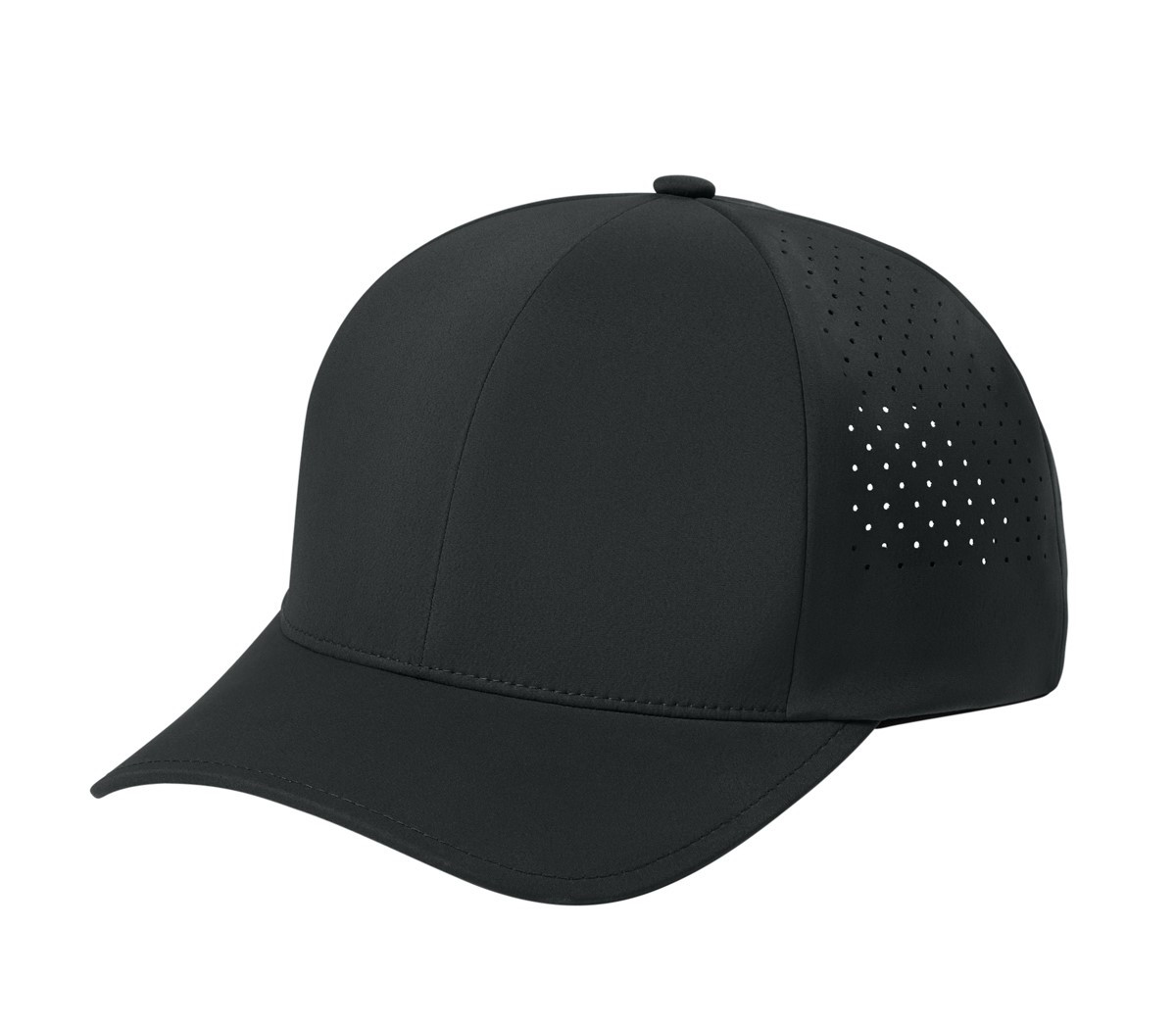 Black low-profile performance cap with perforated back panels, curved bill, seamless construction, adjustable snapback closure, and stretch sweatband.